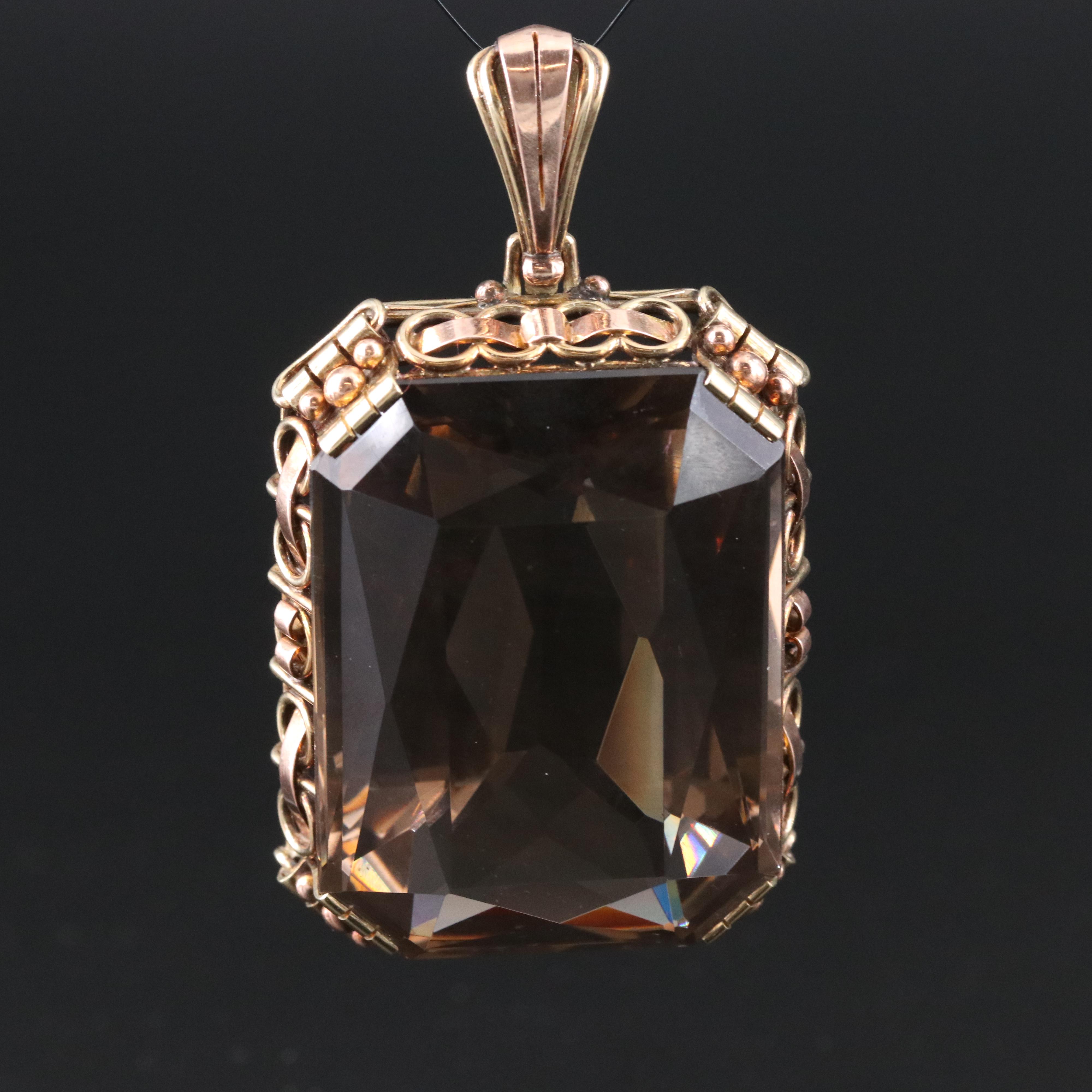 Retro 14K 162.37 CT Smoky Quartz Pendant with Rose Gold Accents