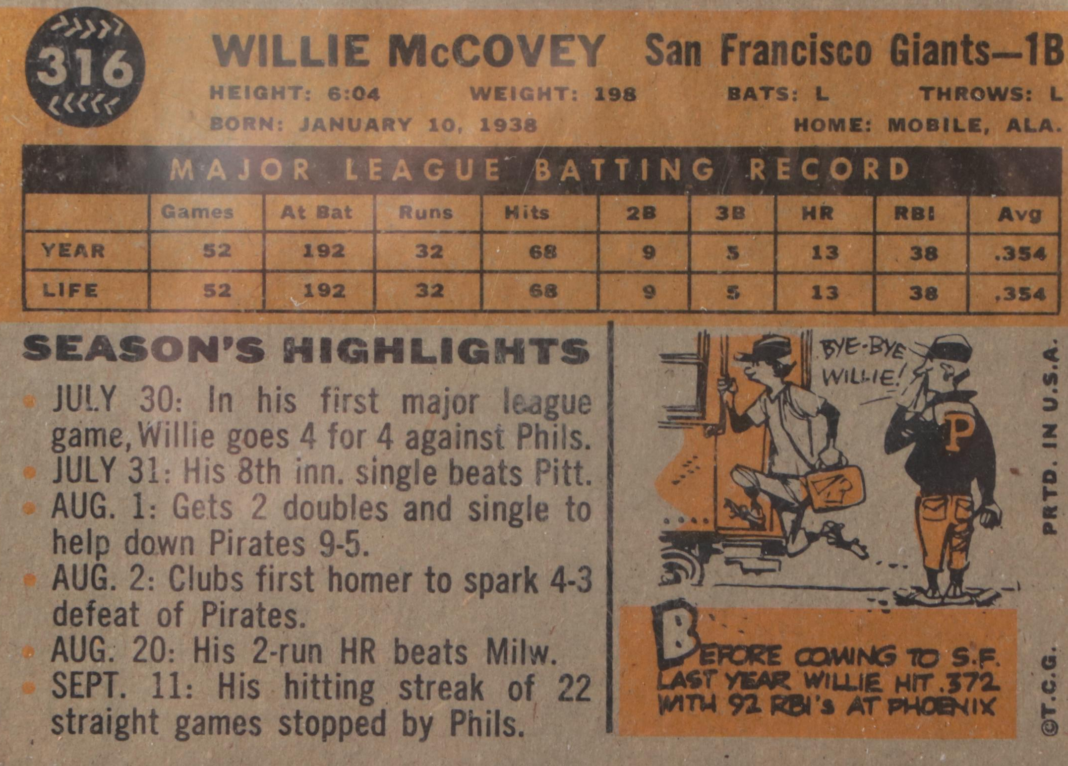 1960 Topps Willie McCovey All-Star Rookie San Franscico Giants Baseball Card