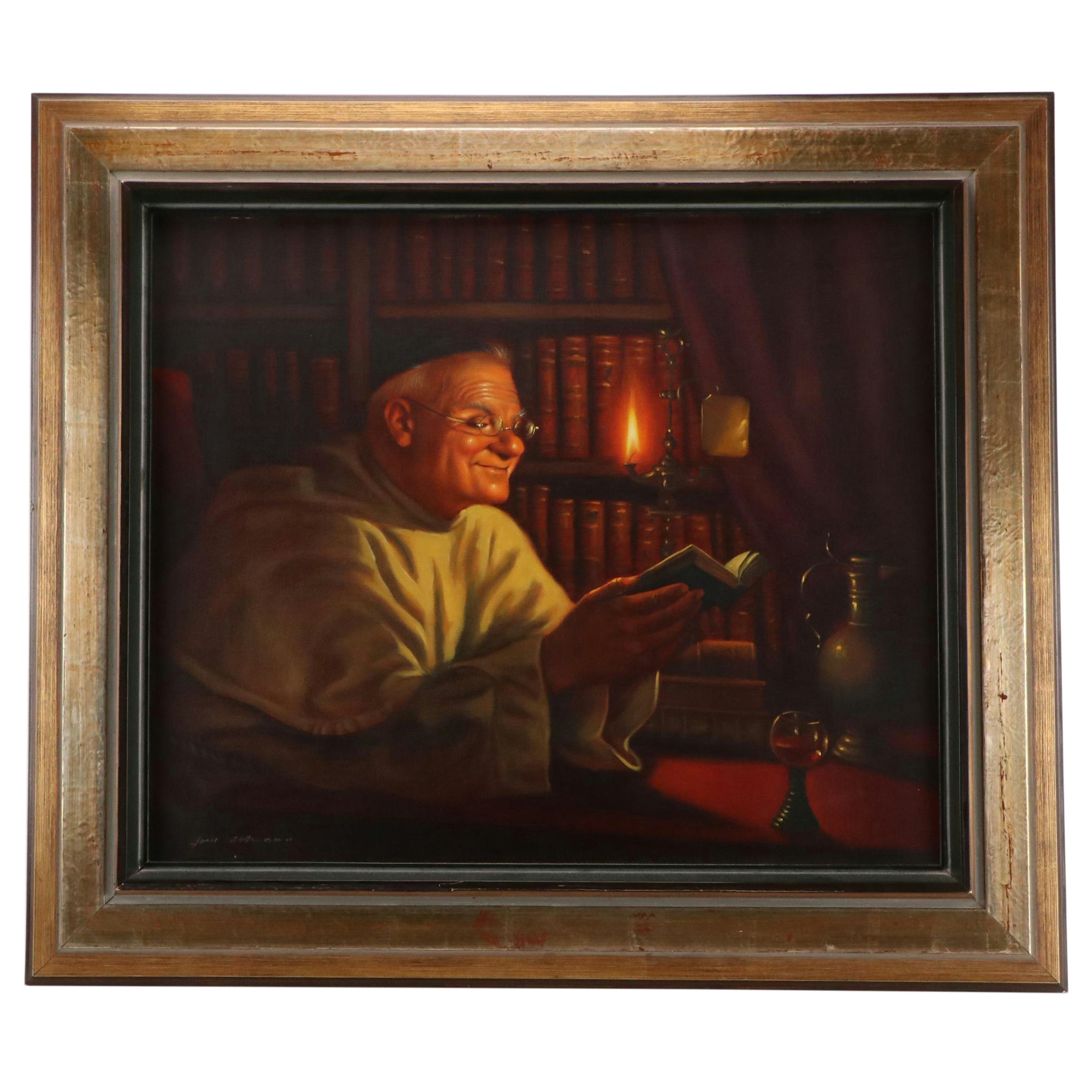 James Christensen Oil Painting of Priest Reading Under Candlelight
