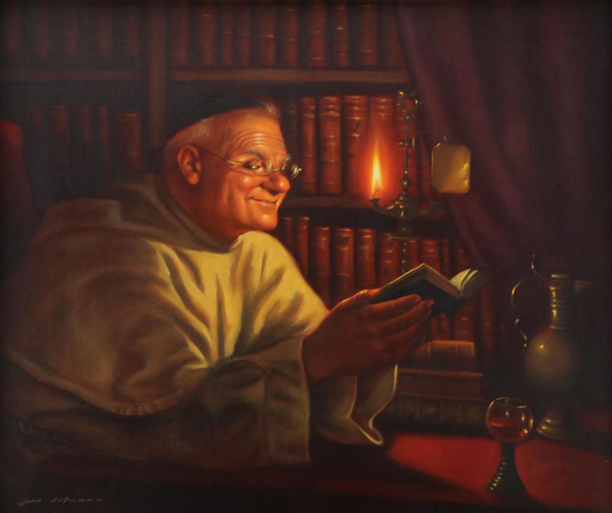 James Christensen Oil Painting of Priest Reading Under Candlelight