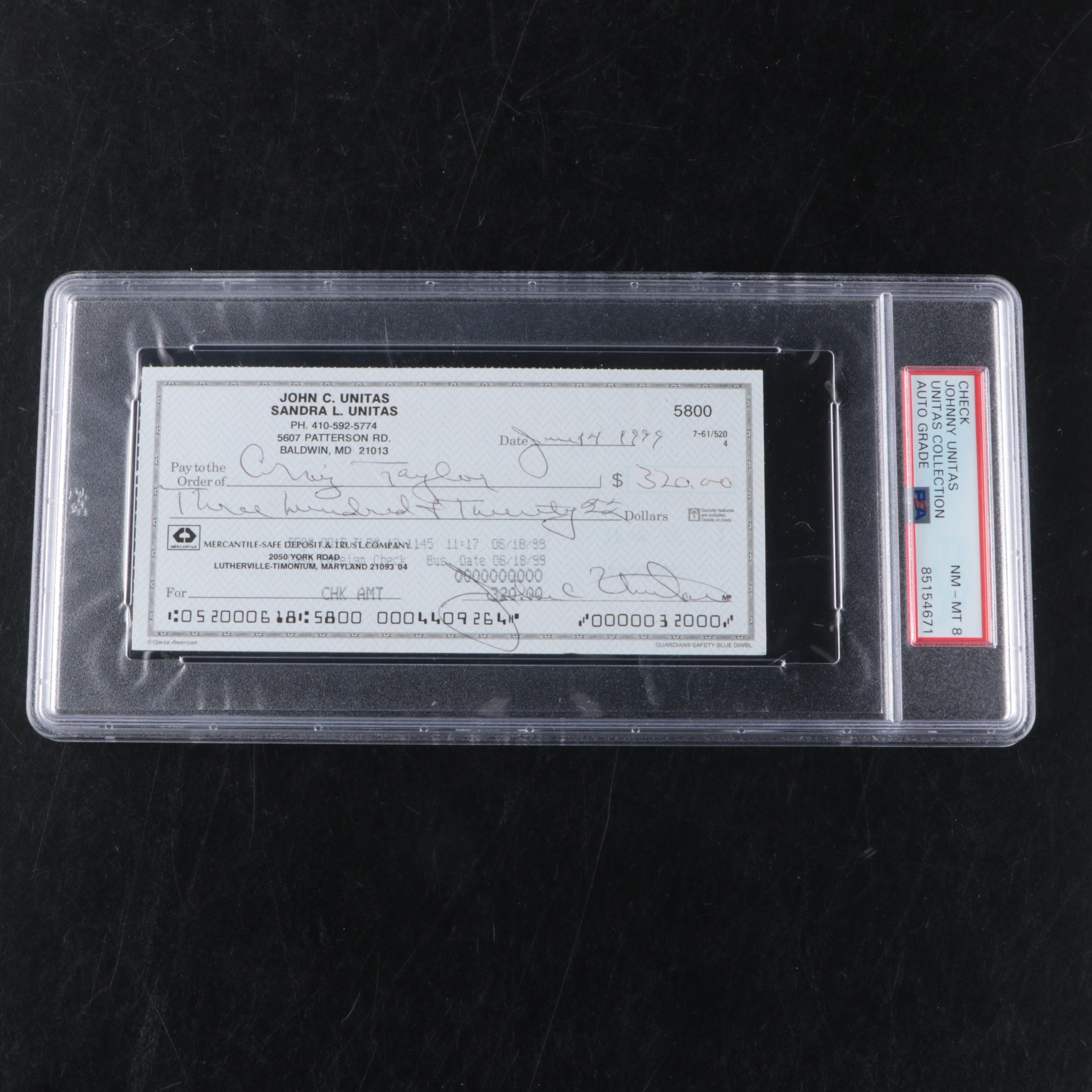 Johnny Unitas Signed Personal Check Graded PSA 8 NM-MT