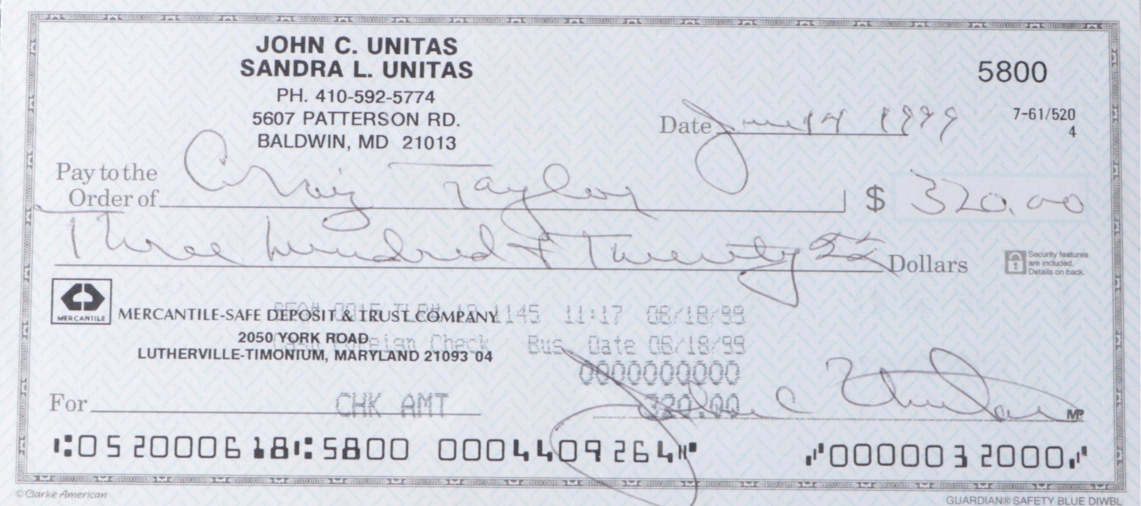 Johnny Unitas Signed Personal Check Graded PSA 8 NM-MT