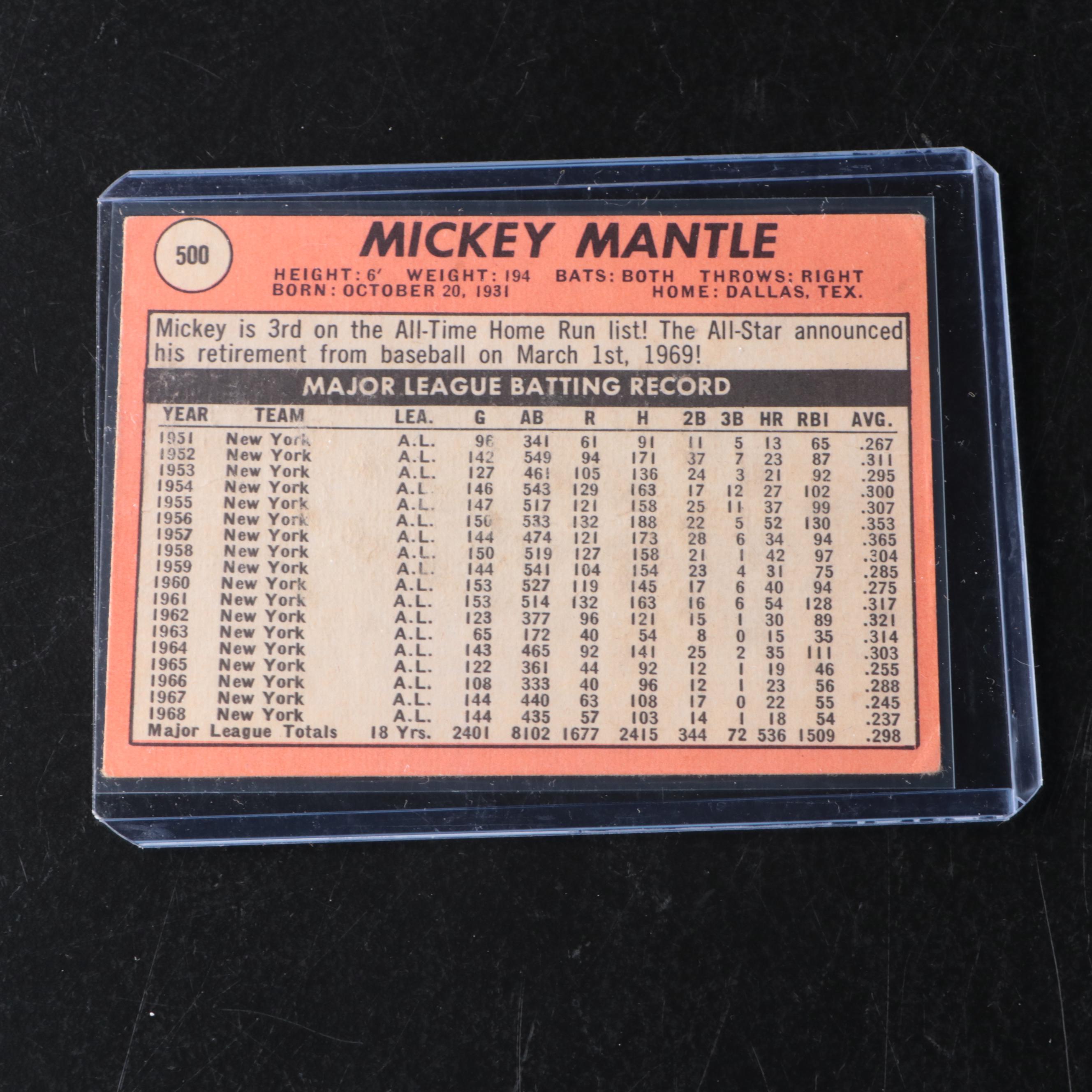 1967 and 1969 Topps Mickey Mantle New York Yankees Baseball Cards