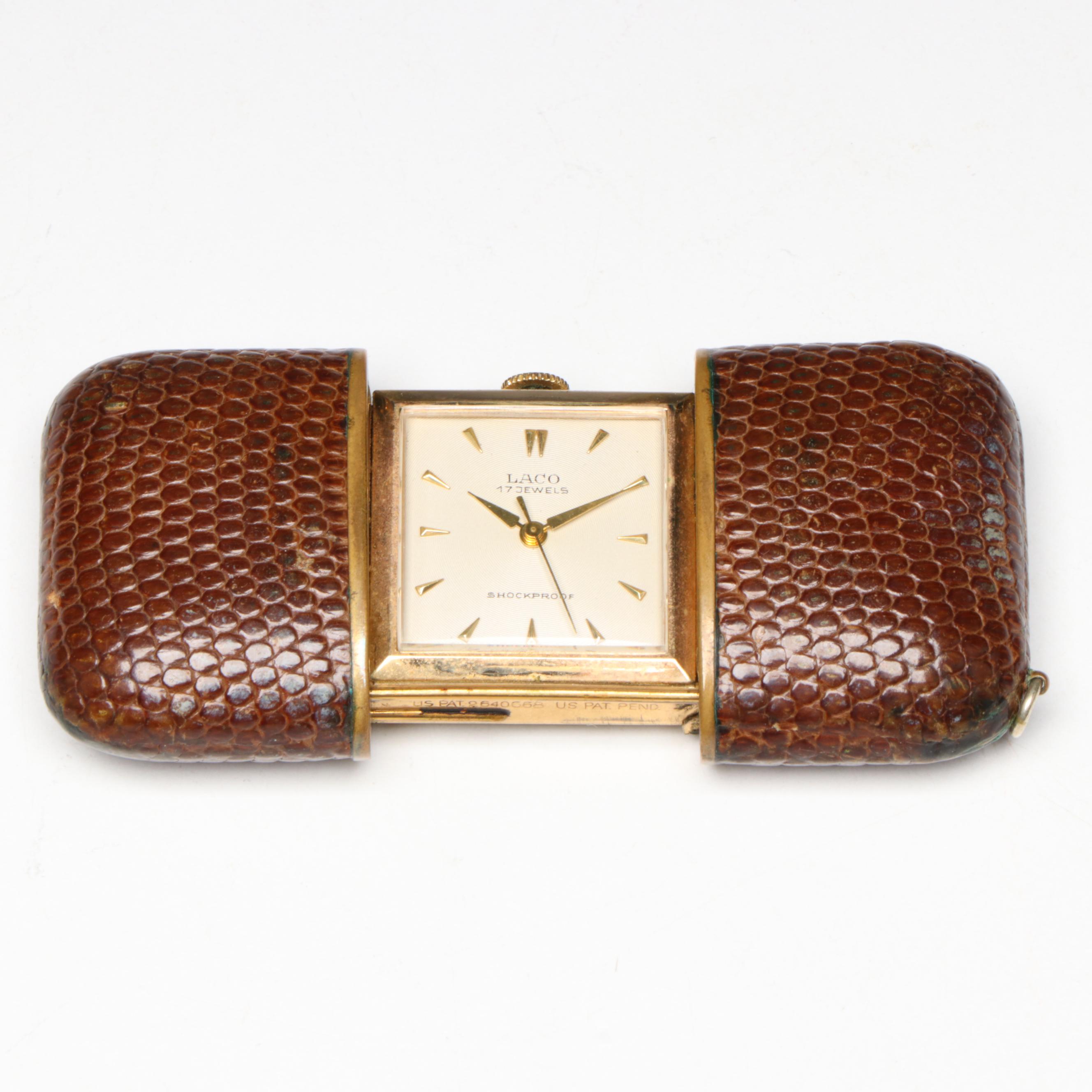 German Laco 17 Jewel Travel Clock with Sliding Lizard Skin Case, circa 1953