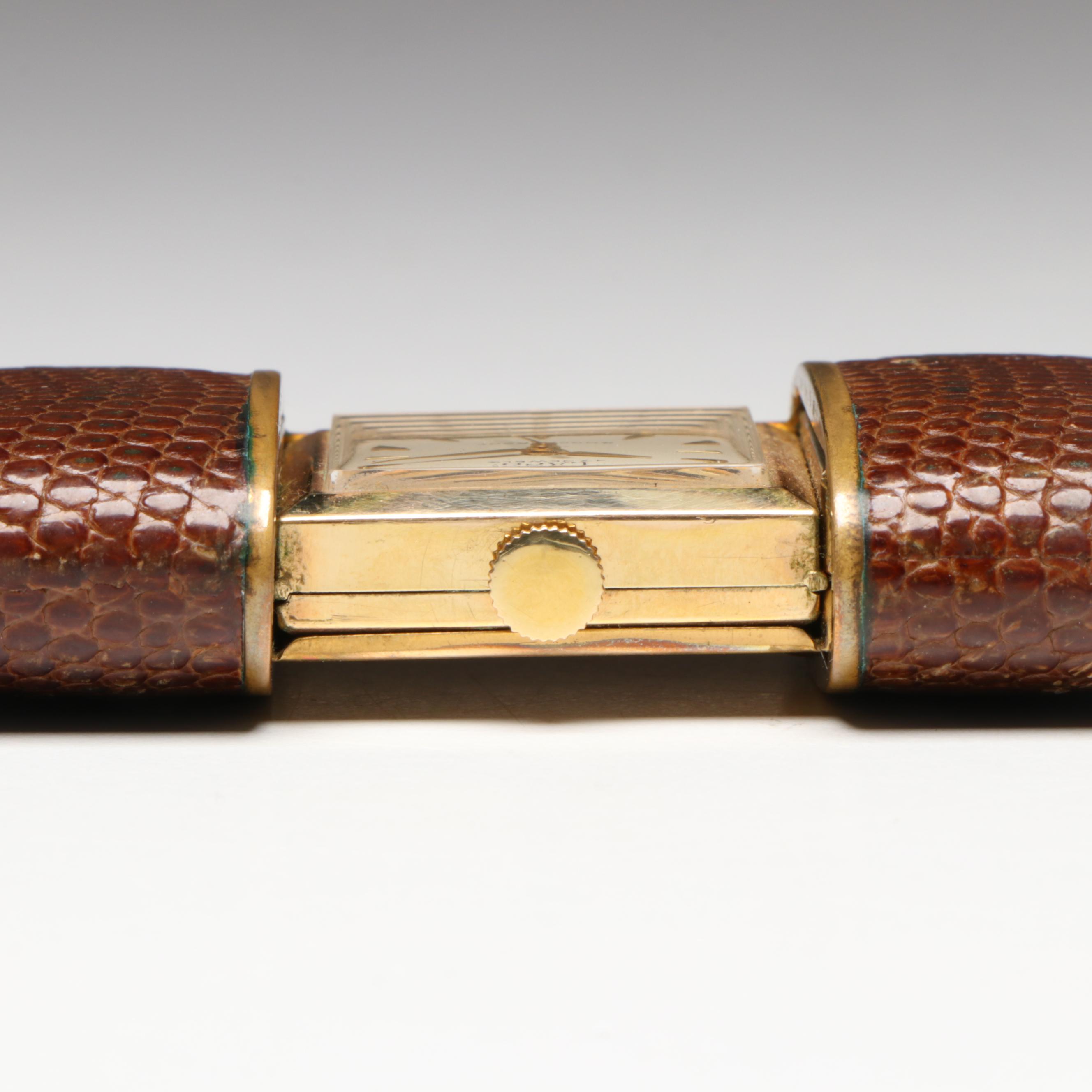 German Laco 17 Jewel Travel Clock with Sliding Lizard Skin Case, circa 1953
