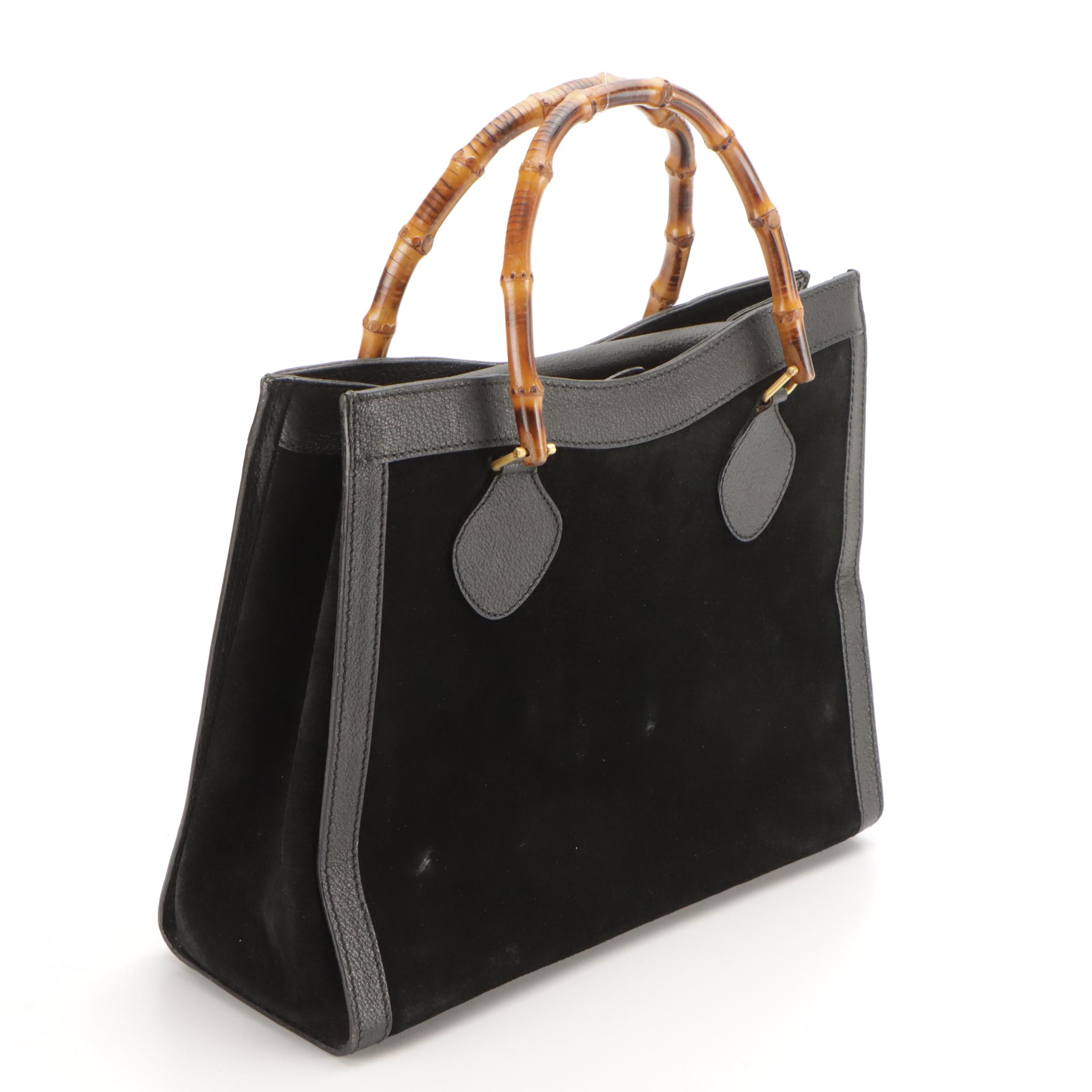 Gucci Diana Bamboo Handle Tote in Black Suede and Cinghiale Leather Trim
