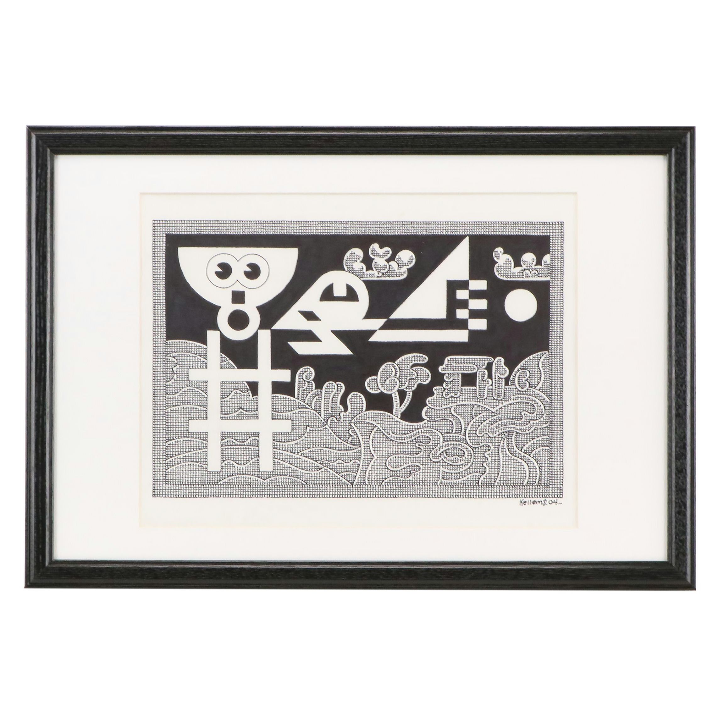 Jerry Kellems Surreal Geometric Ink Drawing, 2004