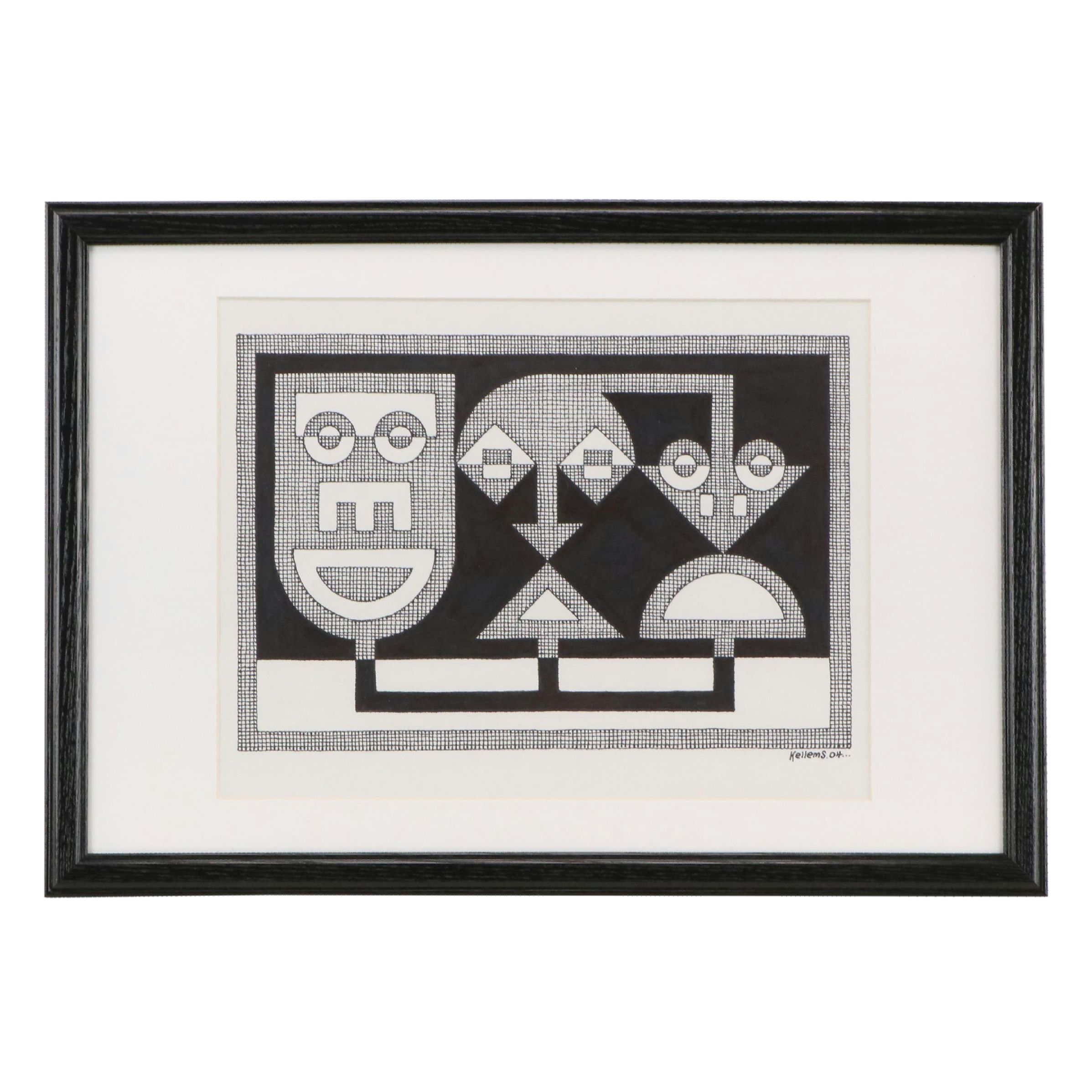 Jerry Kellems Surreal Geometric Ink Drawing, 2004