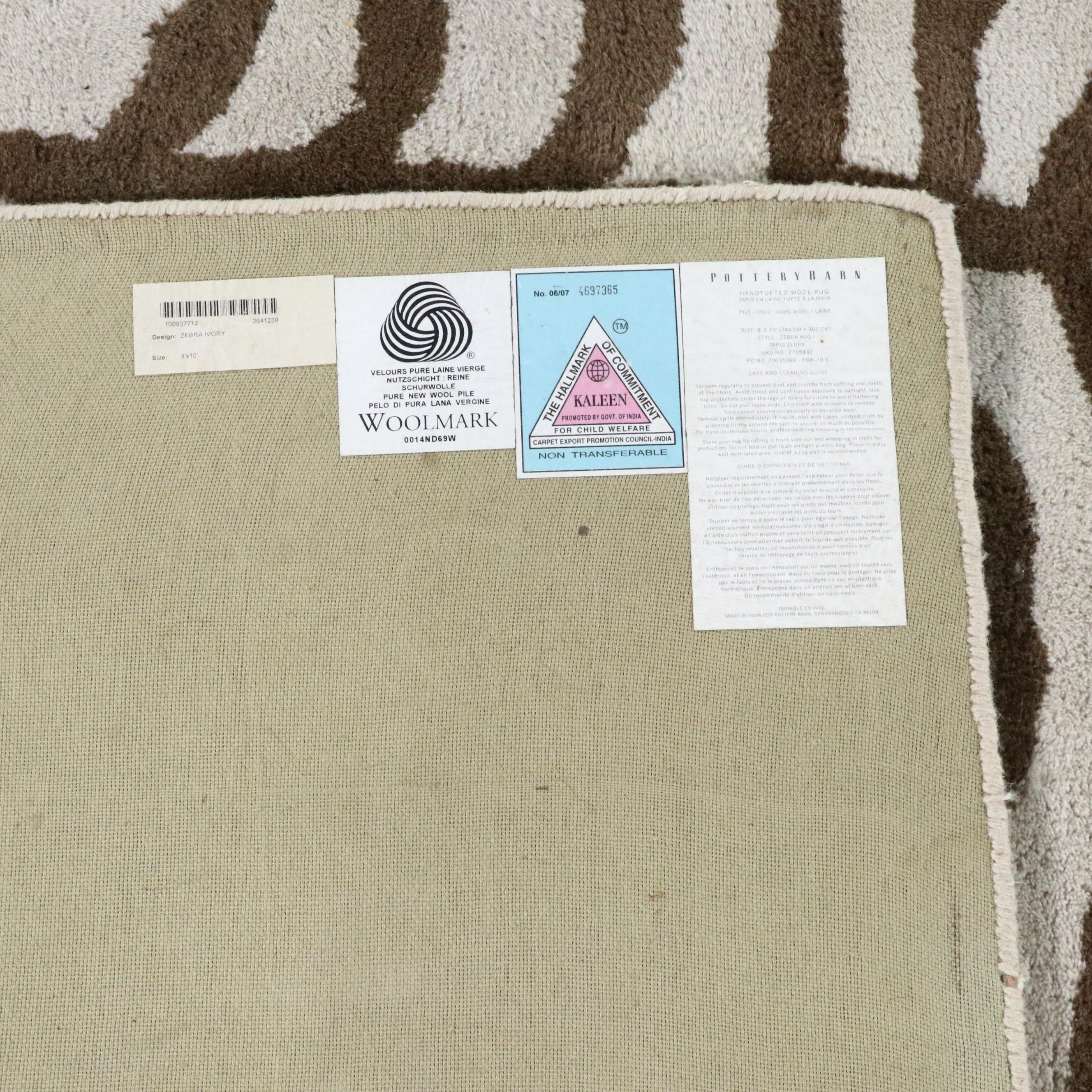 8' x 10' Hand-Tufted Pottery Barn "Zebra" Area Rug