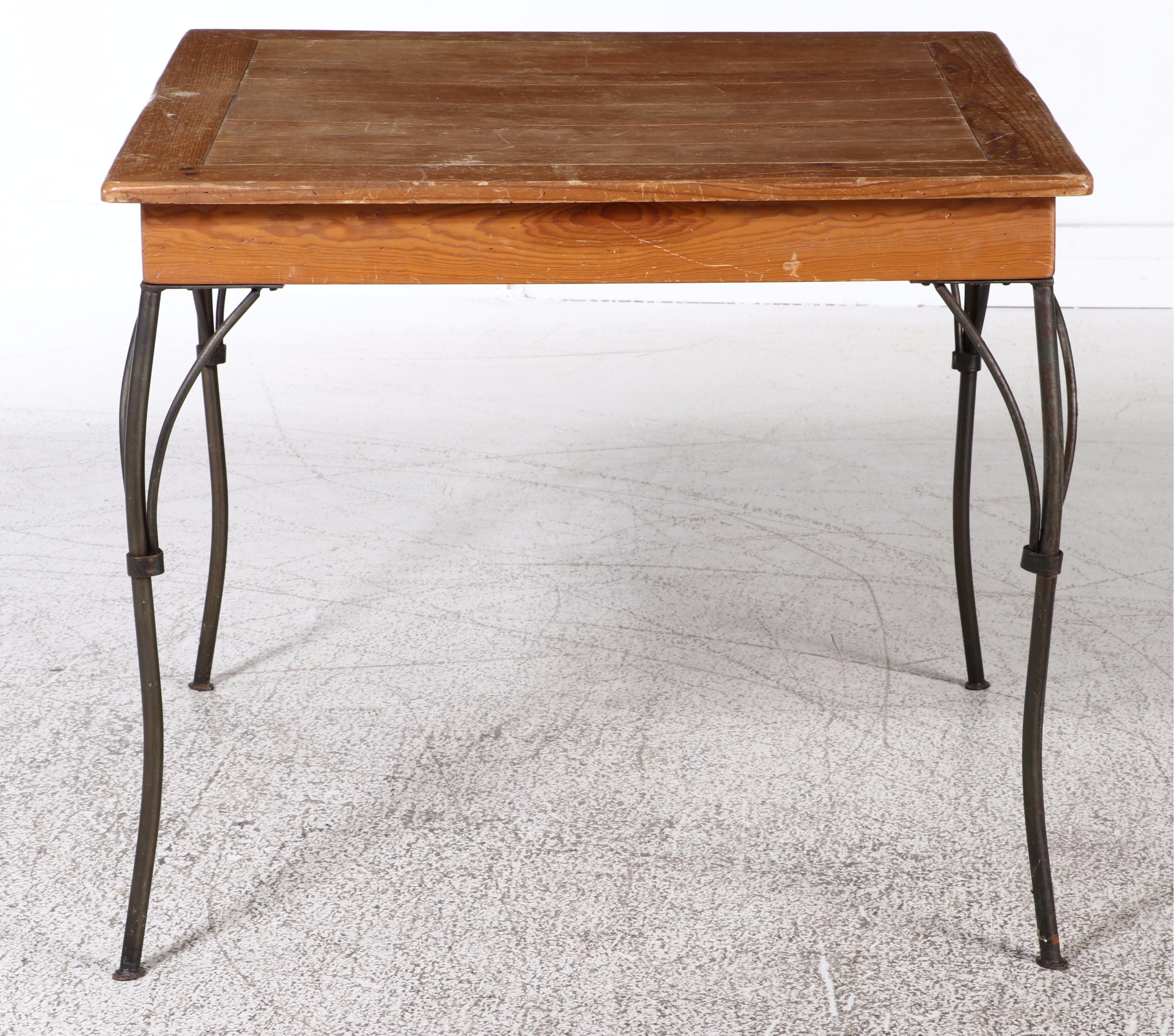 Wrought Iron and Pine Writing Table and Chair