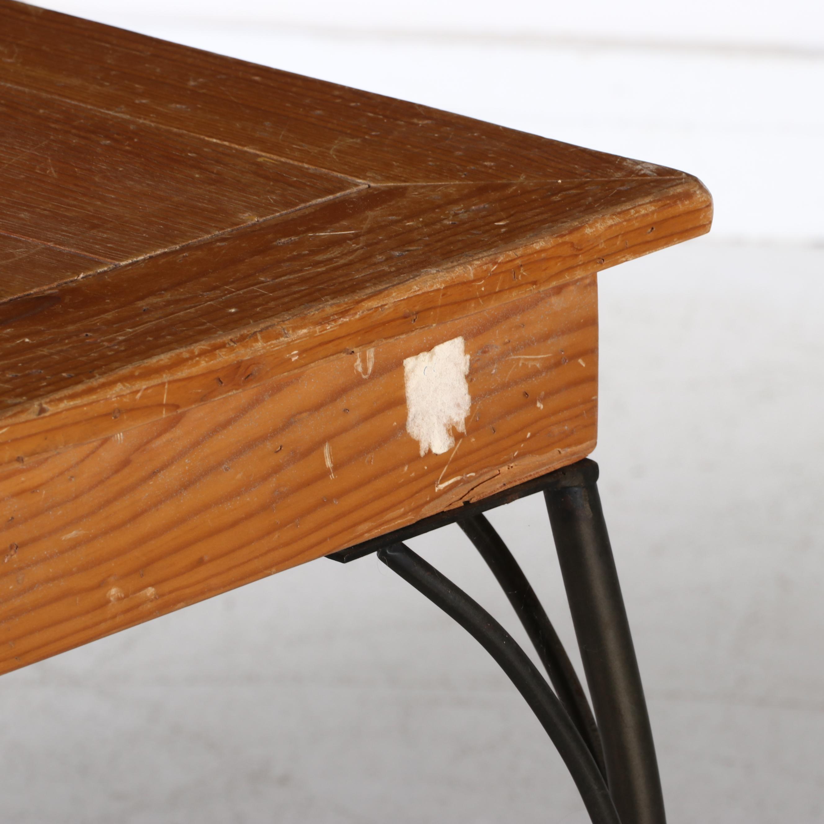 Wrought Iron and Pine Writing Table and Chair