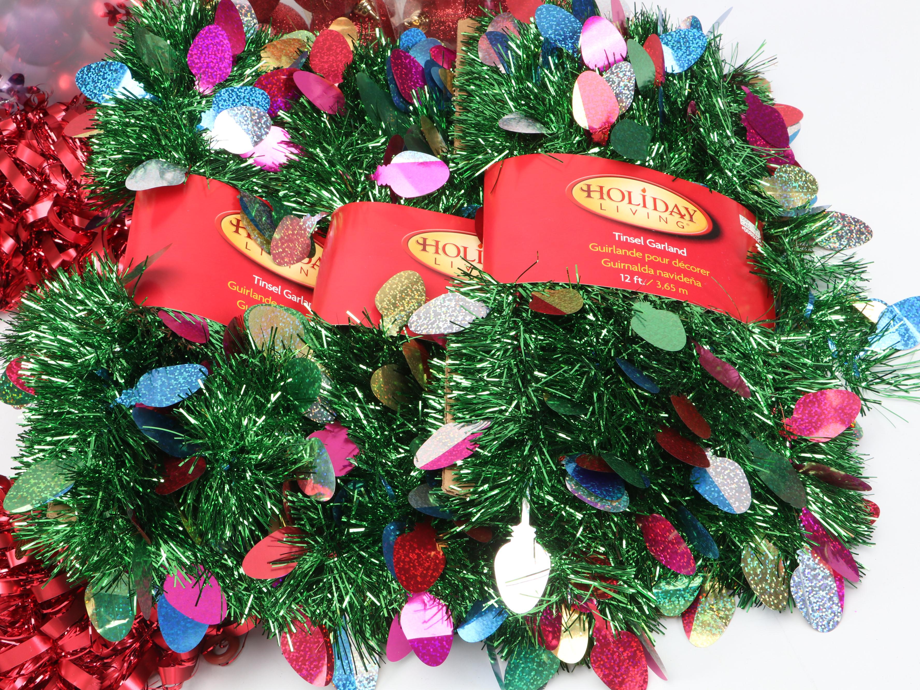 Holiday Living Tinsel Garland with Christmas Ornaments and Wreath