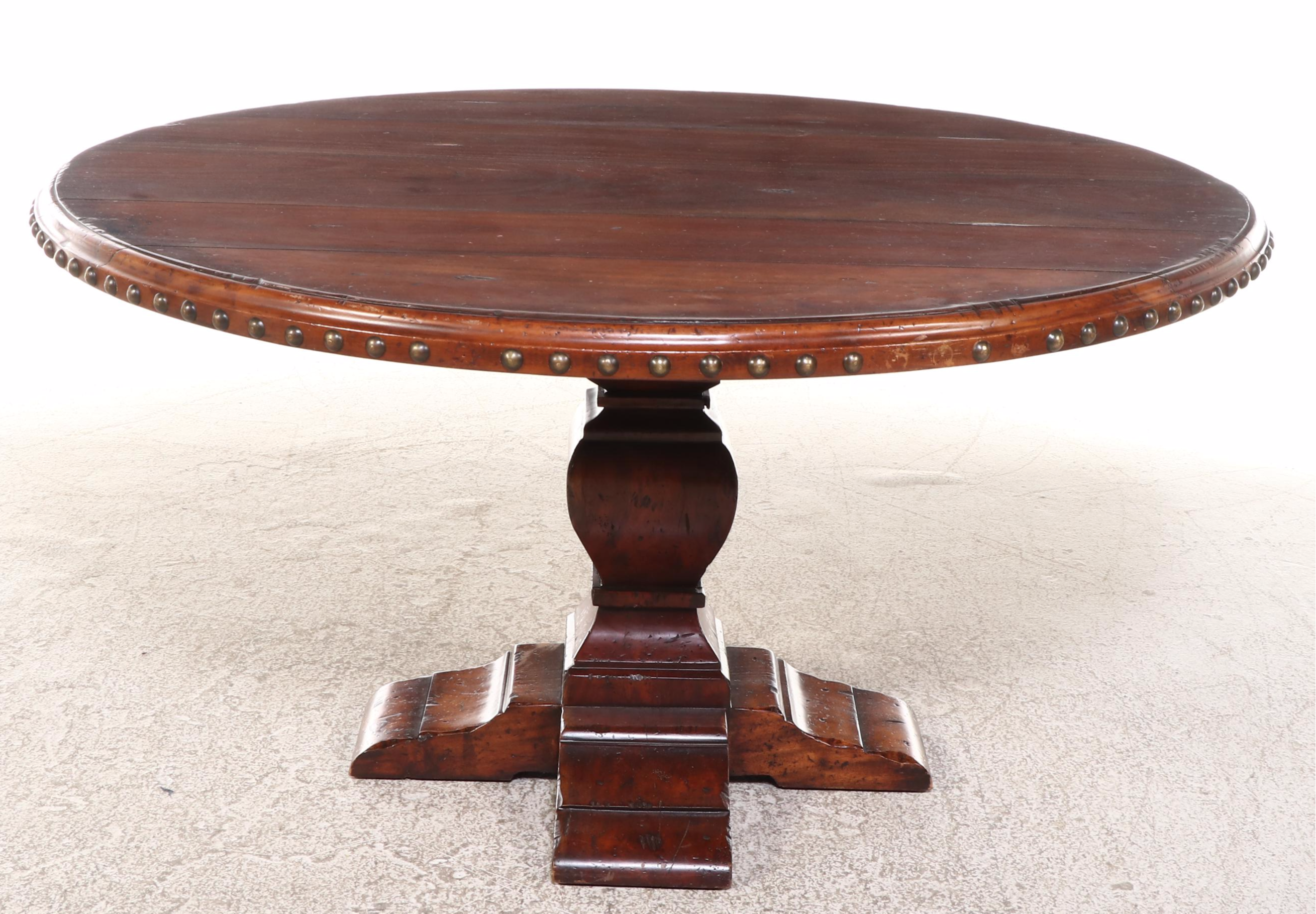 Spanish Baroque Style Walnut Pedestal Table and Six Leather Upholstered Chairs