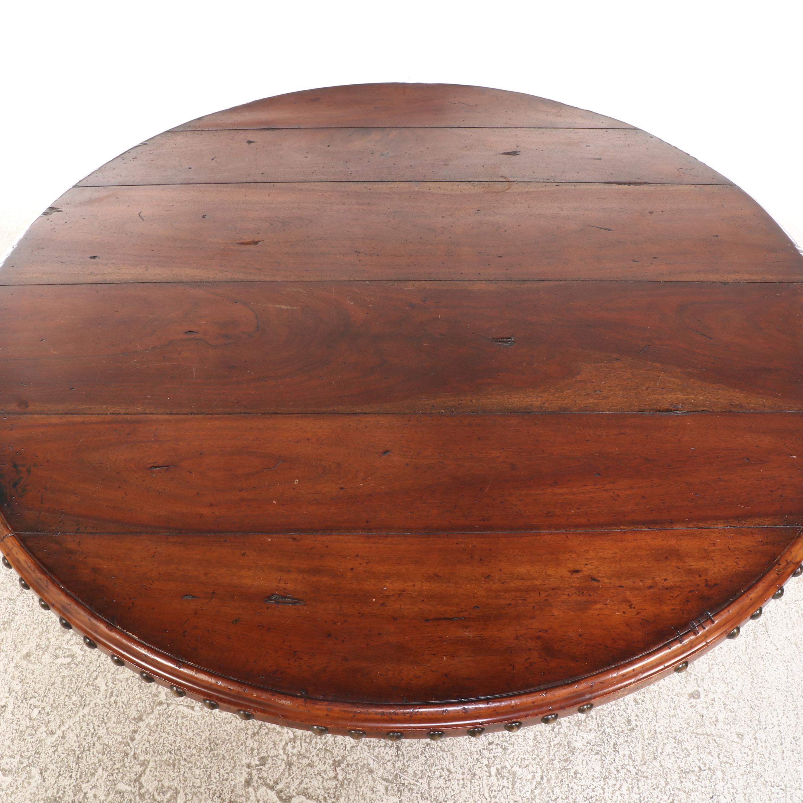 Spanish Baroque Style Walnut Pedestal Table and Six Leather Upholstered Chairs