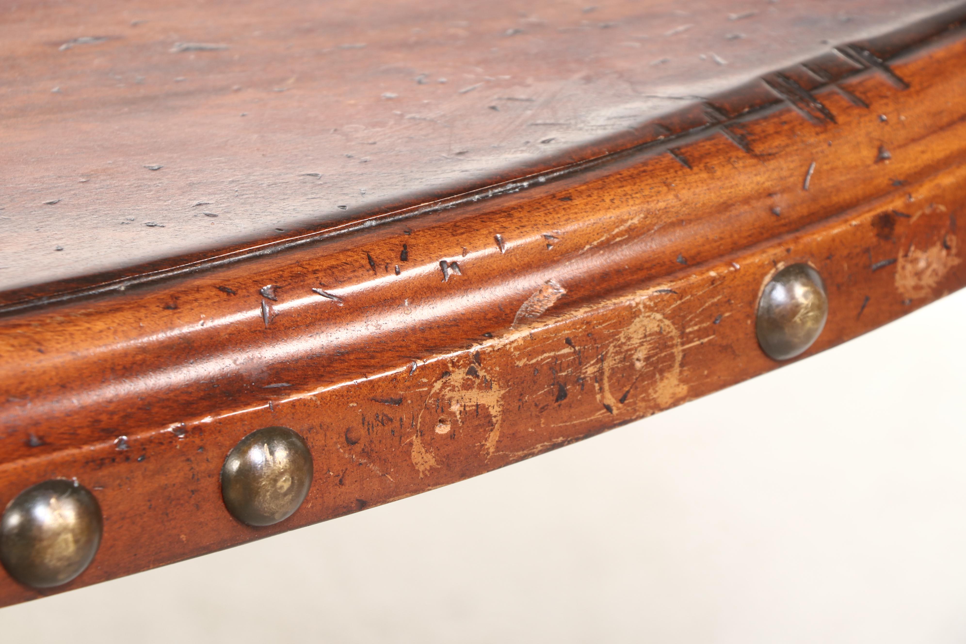 Spanish Baroque Style Walnut Pedestal Table and Six Leather Upholstered Chairs