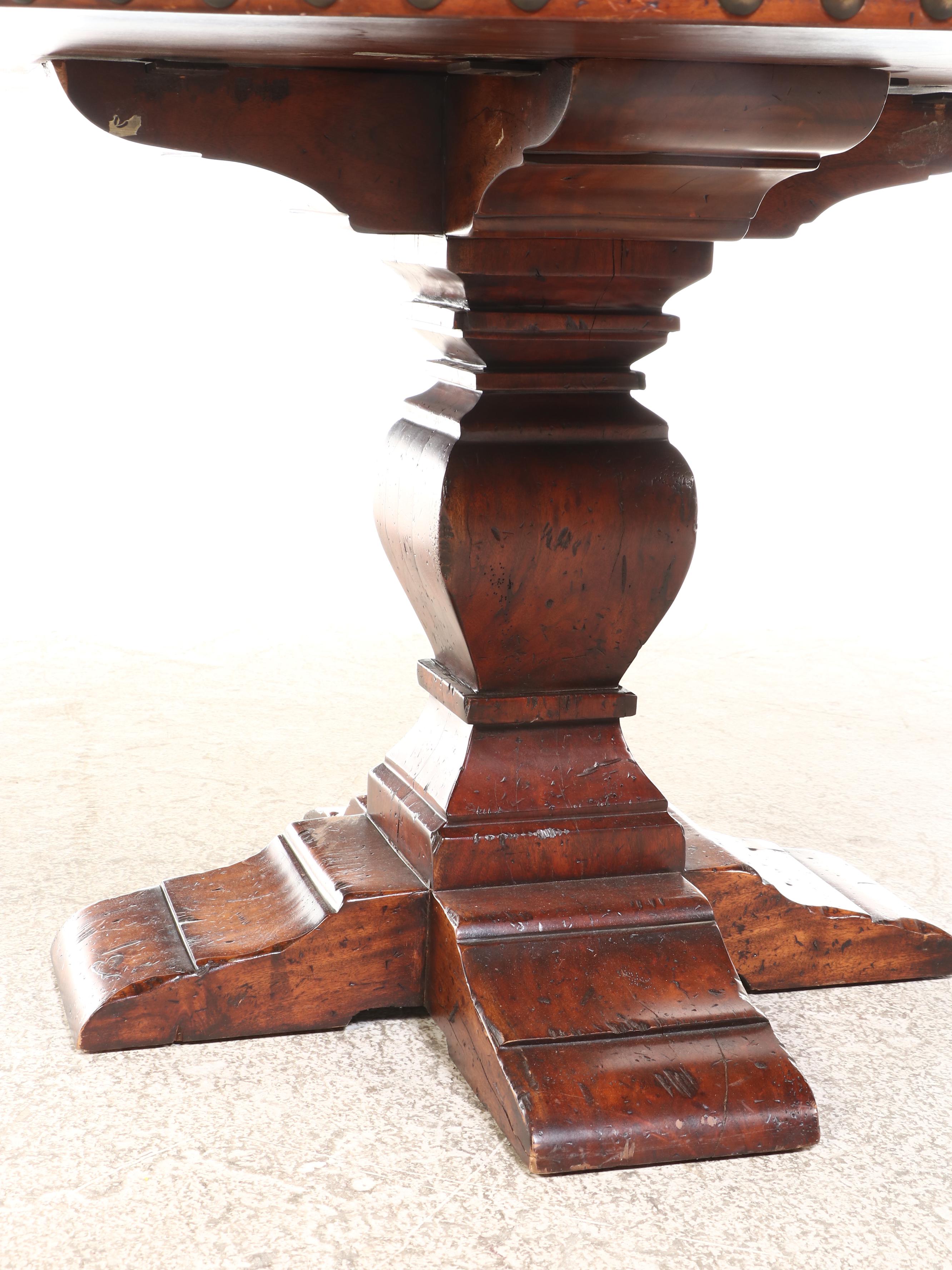 Spanish Baroque Style Walnut Pedestal Table and Six Leather Upholstered Chairs