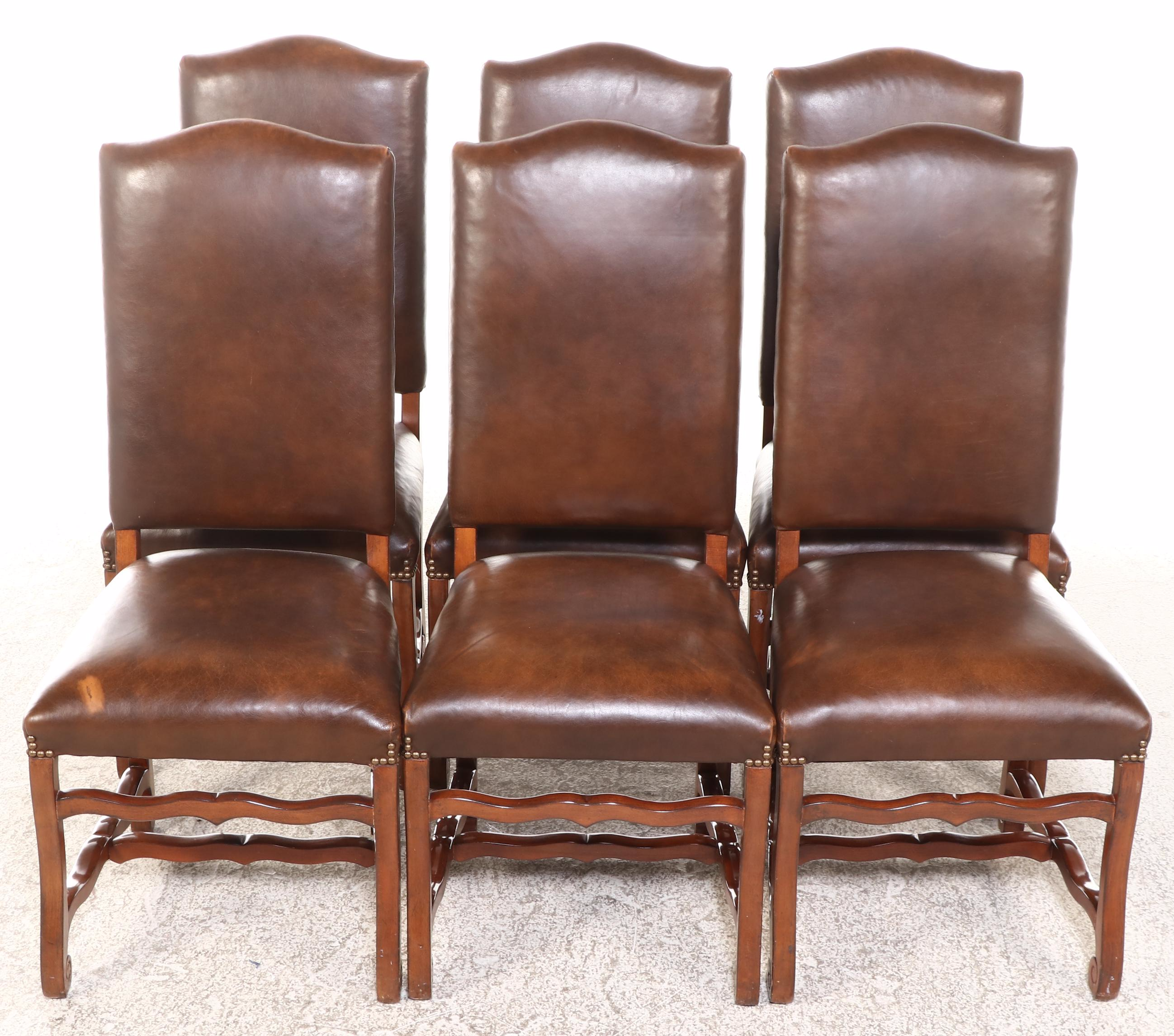 Spanish Baroque Style Walnut Pedestal Table and Six Leather Upholstered Chairs