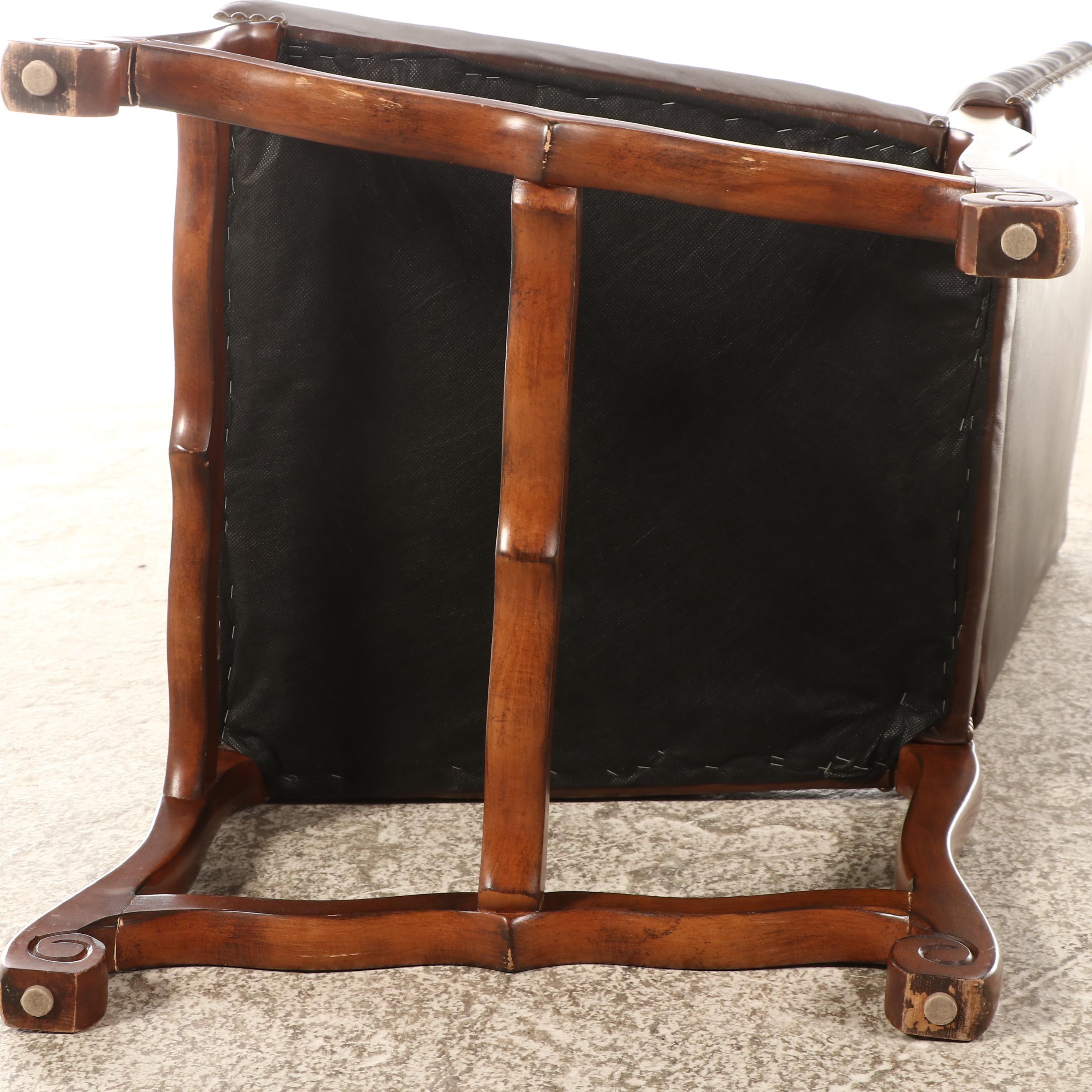 Spanish Baroque Style Walnut Pedestal Table and Six Leather Upholstered Chairs