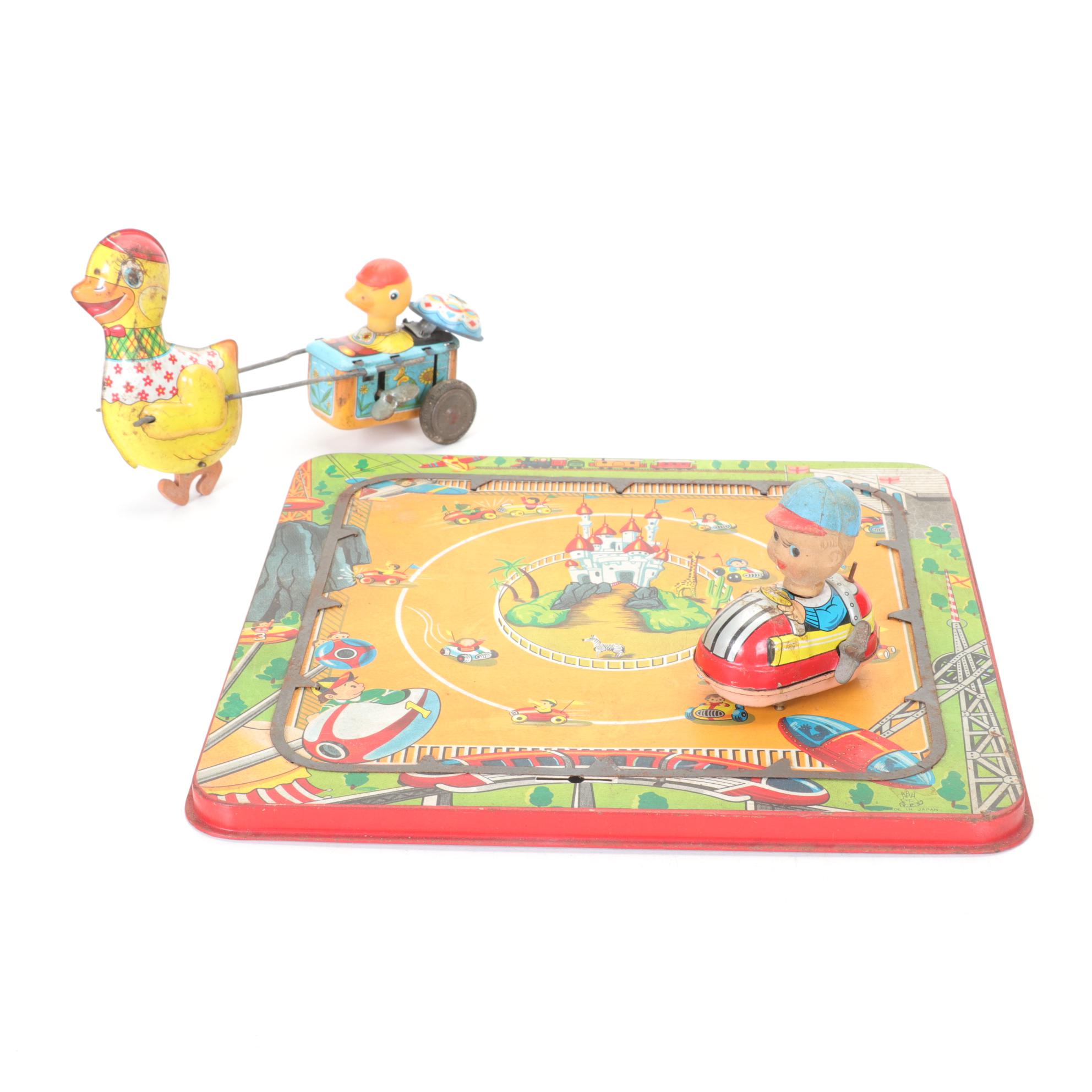 TPS "Conny Island Scooter" Tin Litho Wind-up Toy with Haji Wind-up  Duck