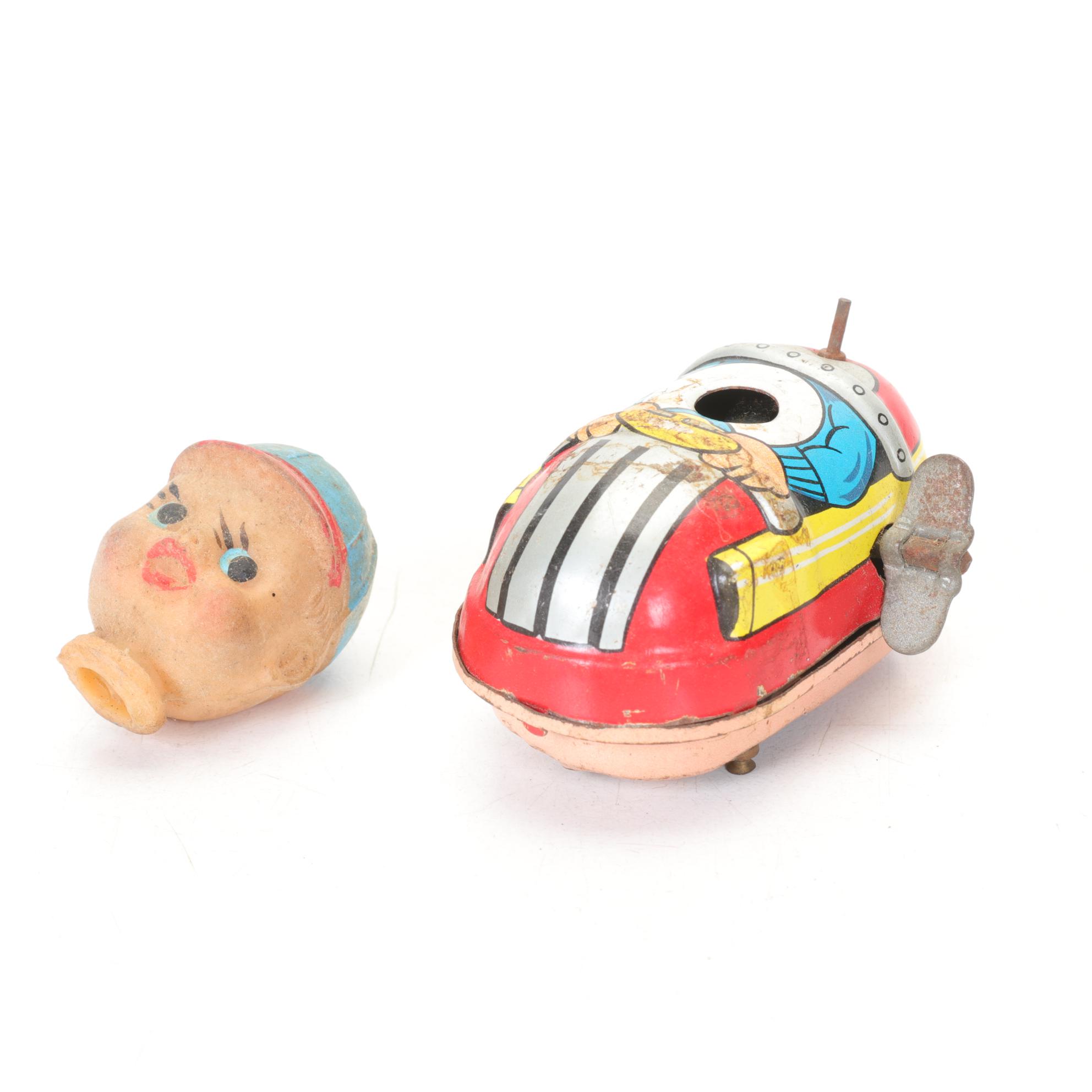 TPS "Conny Island Scooter" Tin Litho Wind-up Toy with Haji Wind-up  Duck
