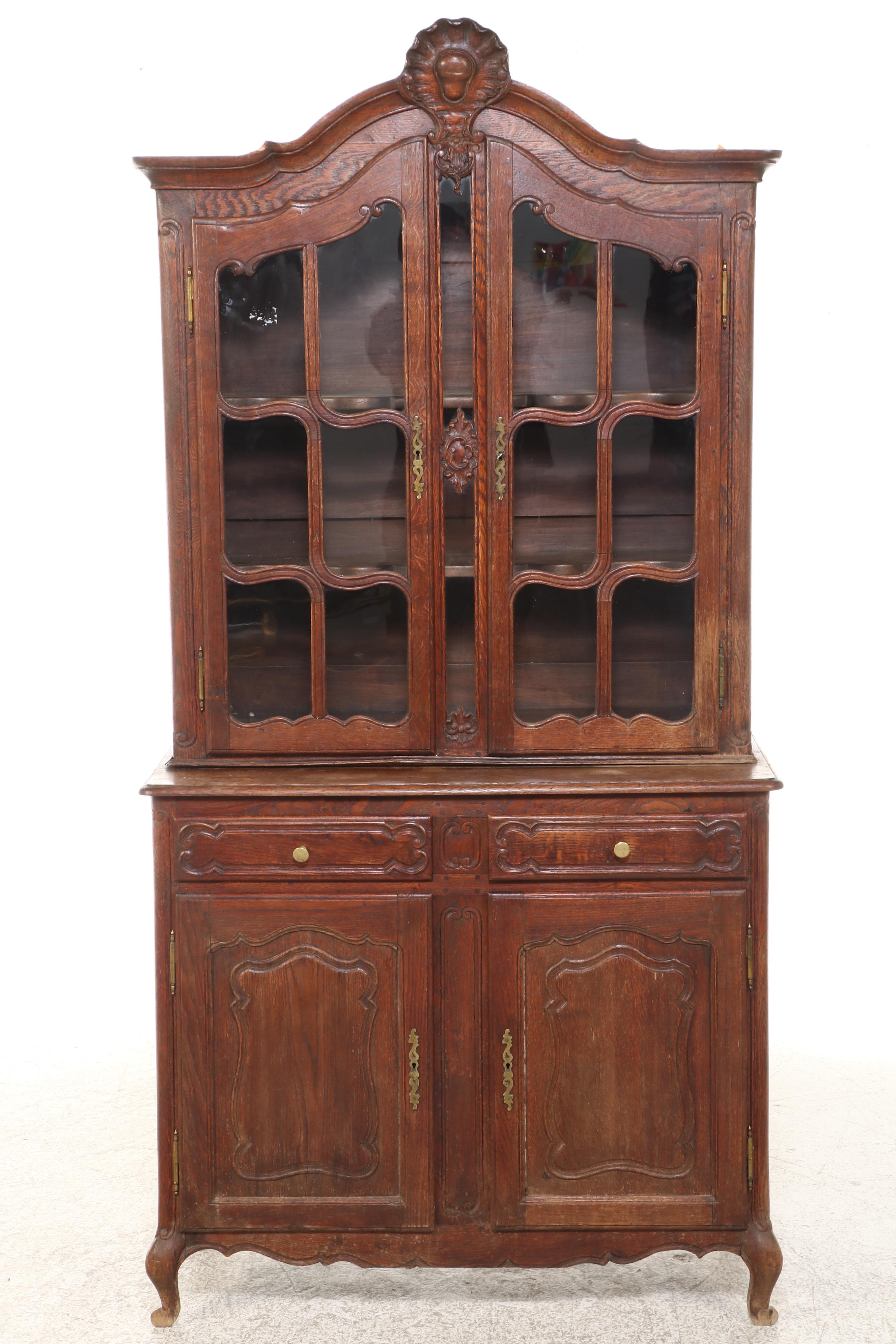 French Provincial Style Carved Oak China Cabinet, 19th Century
