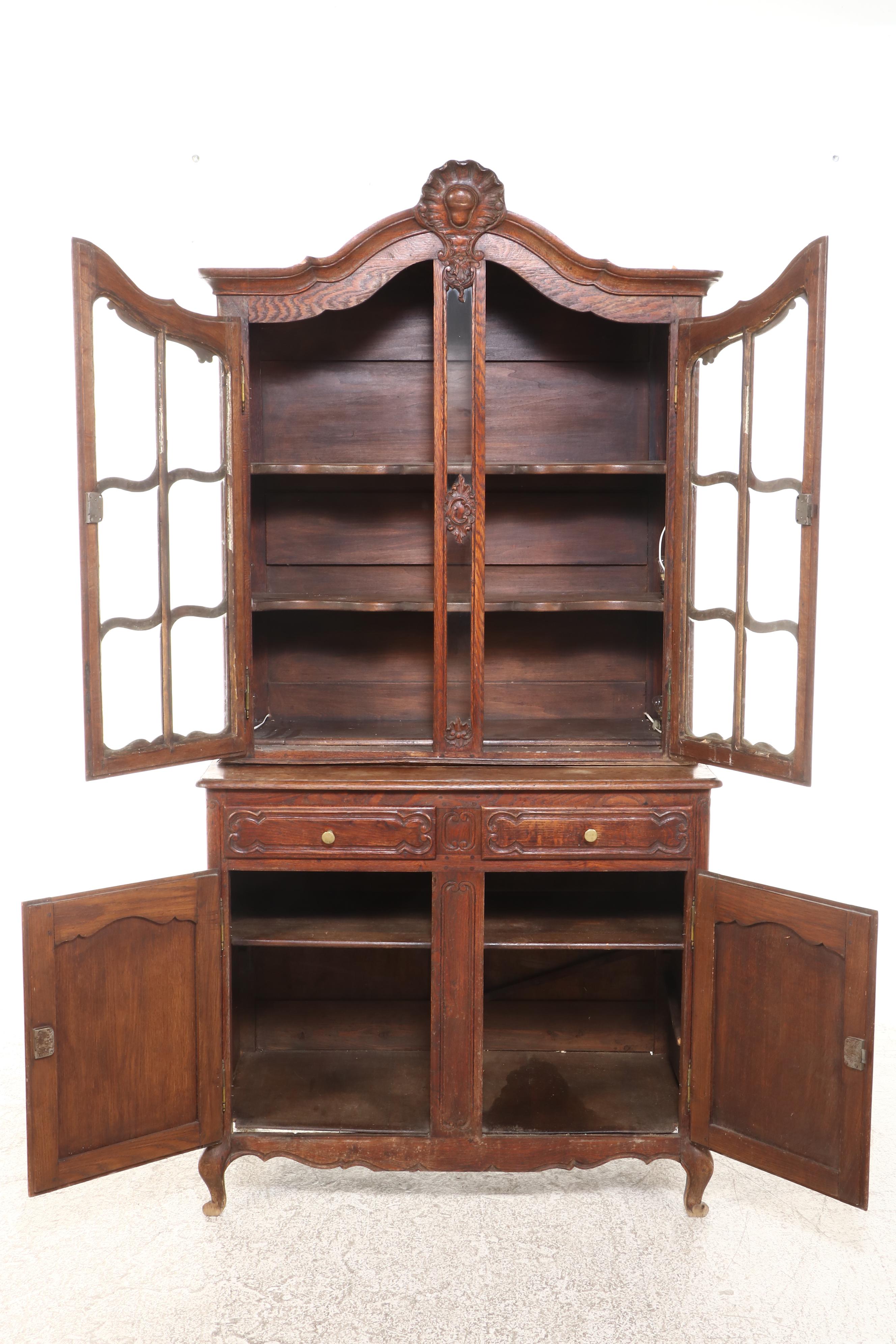 French Provincial Style Carved Oak China Cabinet, 19th Century