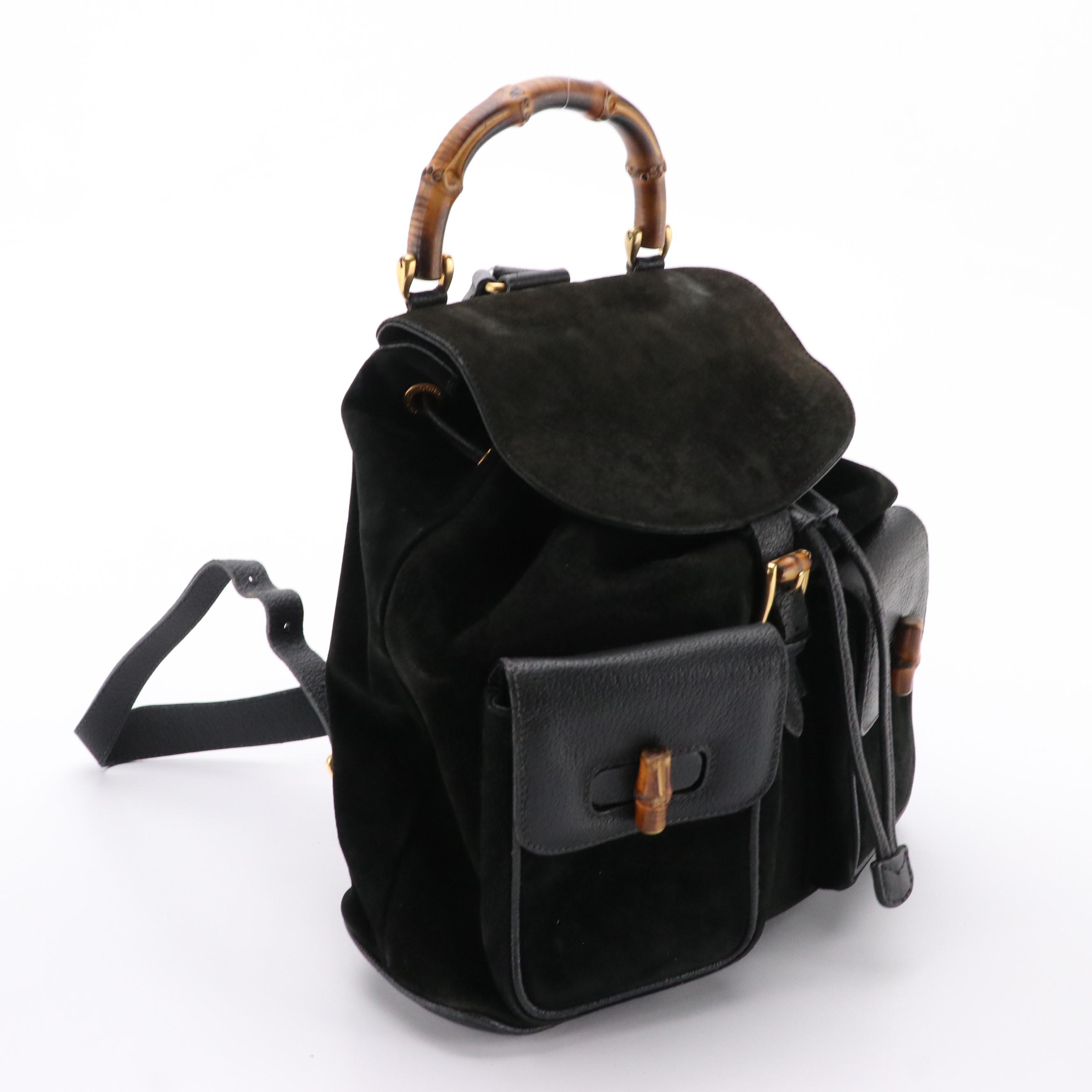 Gucci Bamboo Double Pocket Backpack Bag in Cinghiale Suede and Leather