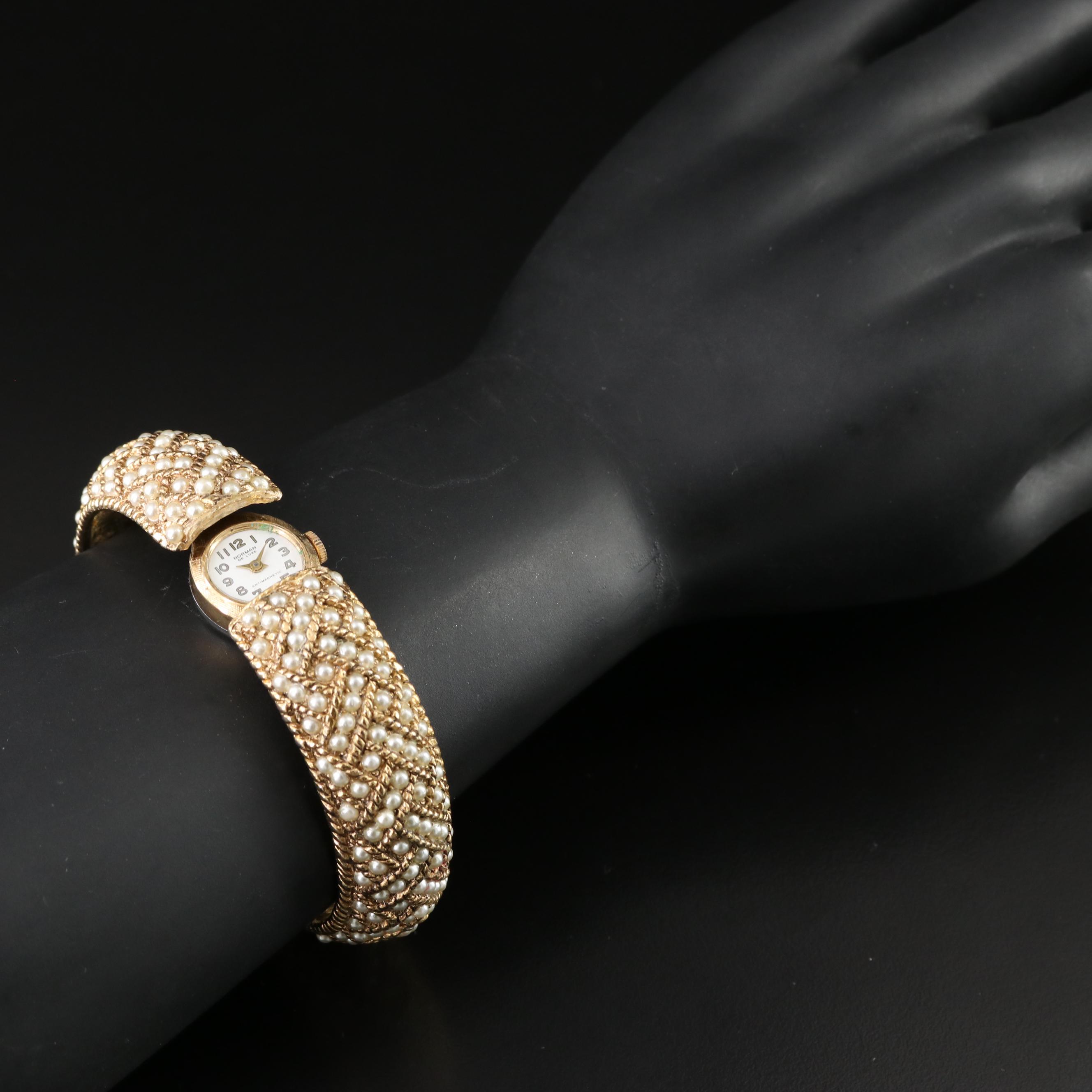 Vintage Norman De Luxe Hidden Dial Watch Bangle with Faux Pearls