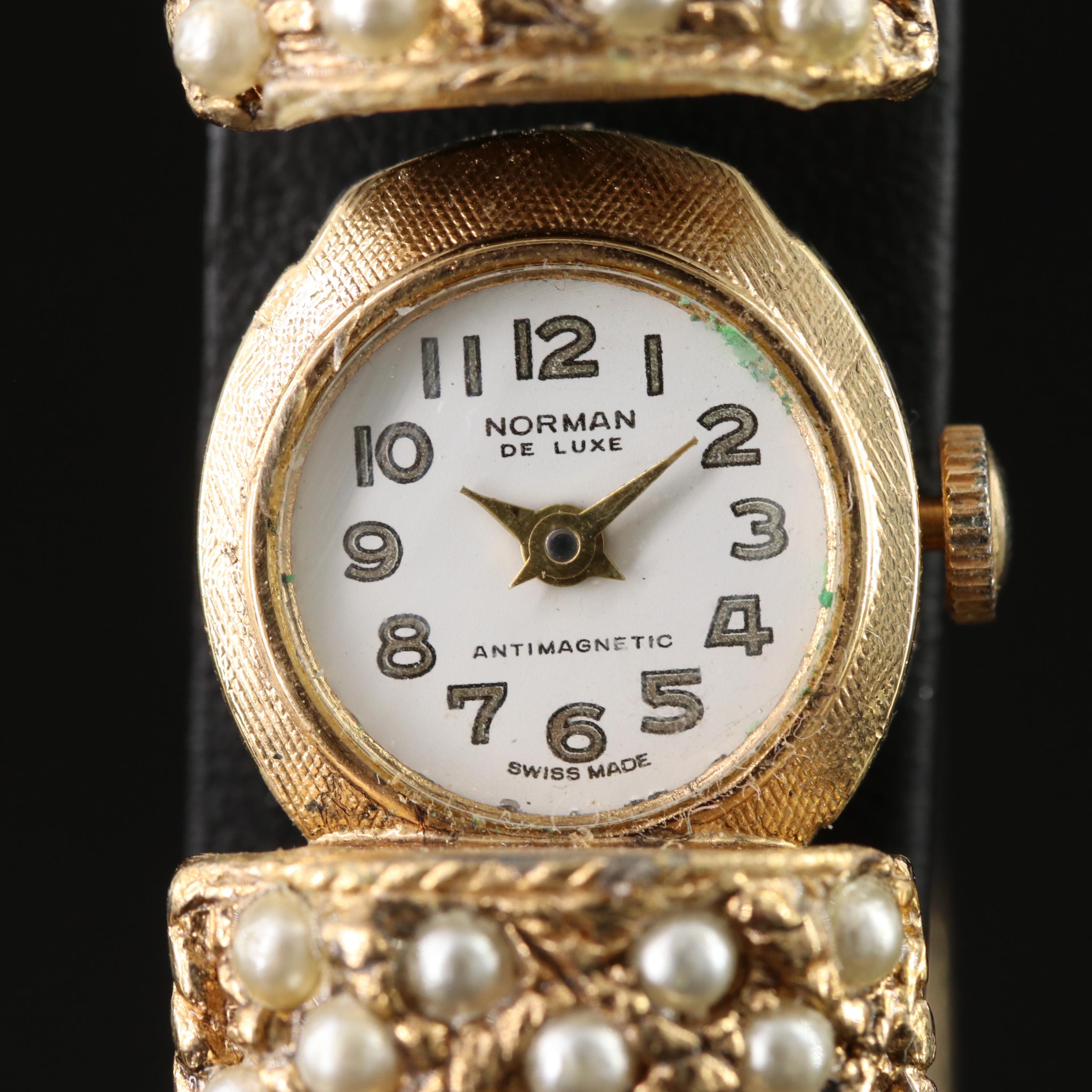 Vintage Norman De Luxe Hidden Dial Watch Bangle with Faux Pearls
