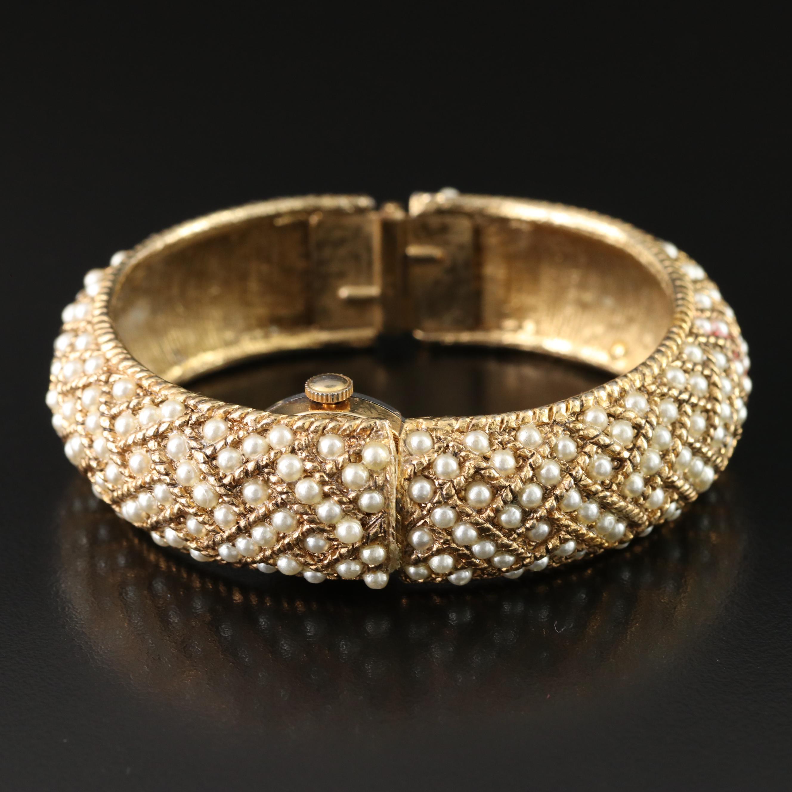 Vintage Norman De Luxe Hidden Dial Watch Bangle with Faux Pearls