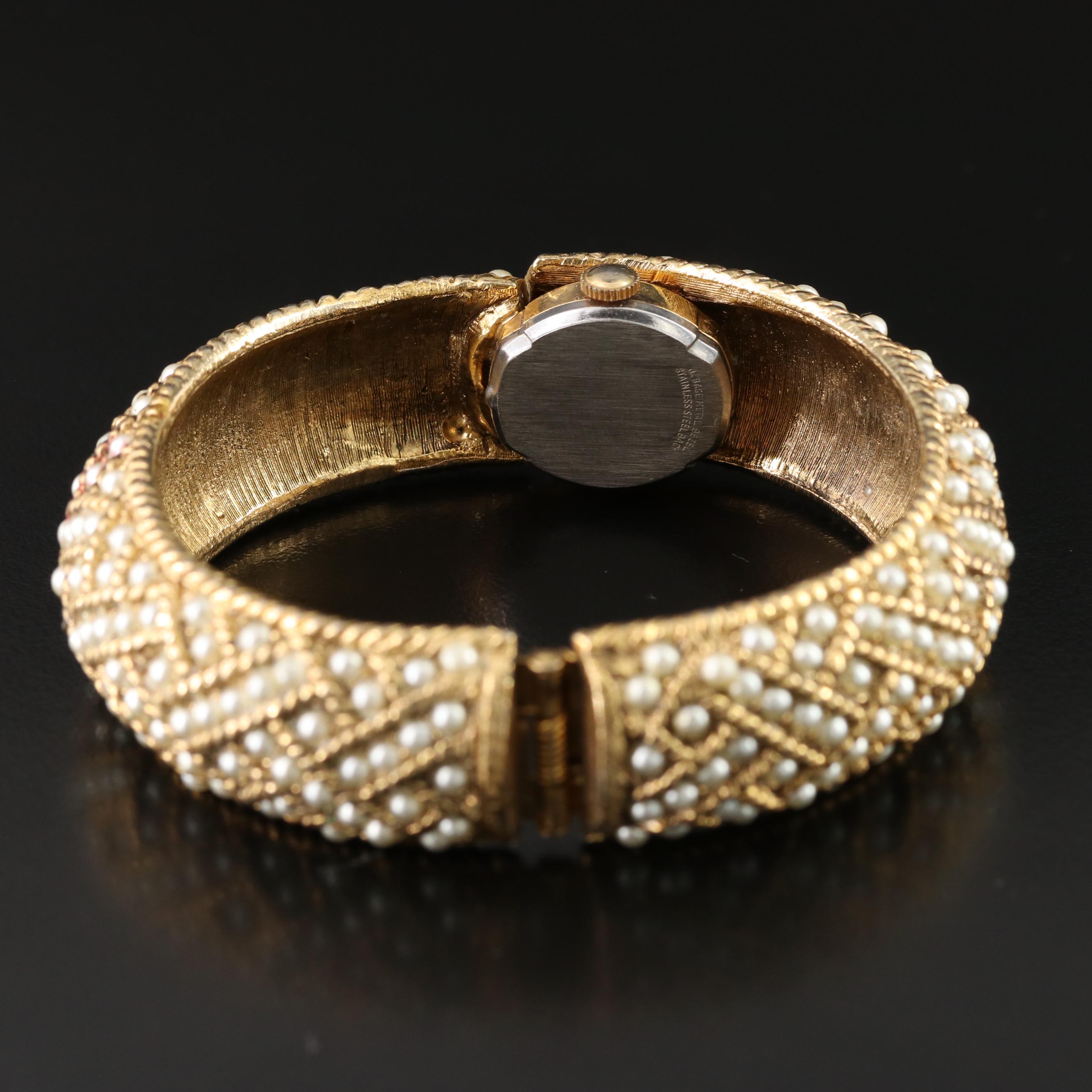 Vintage Norman De Luxe Hidden Dial Watch Bangle with Faux Pearls
