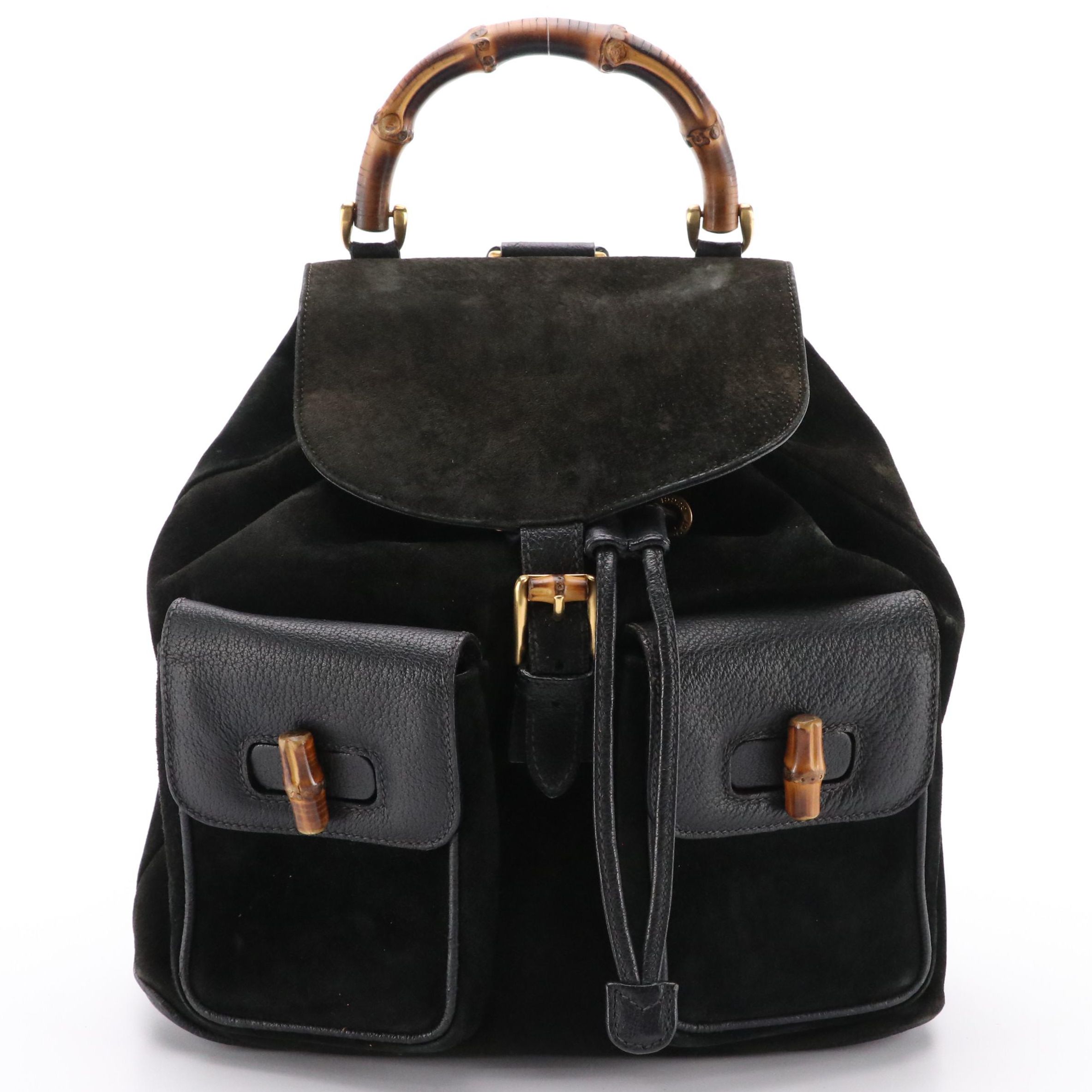 Gucci Bamboo Double Pocket Backpack Bag in Cinghiale Suede and Leather