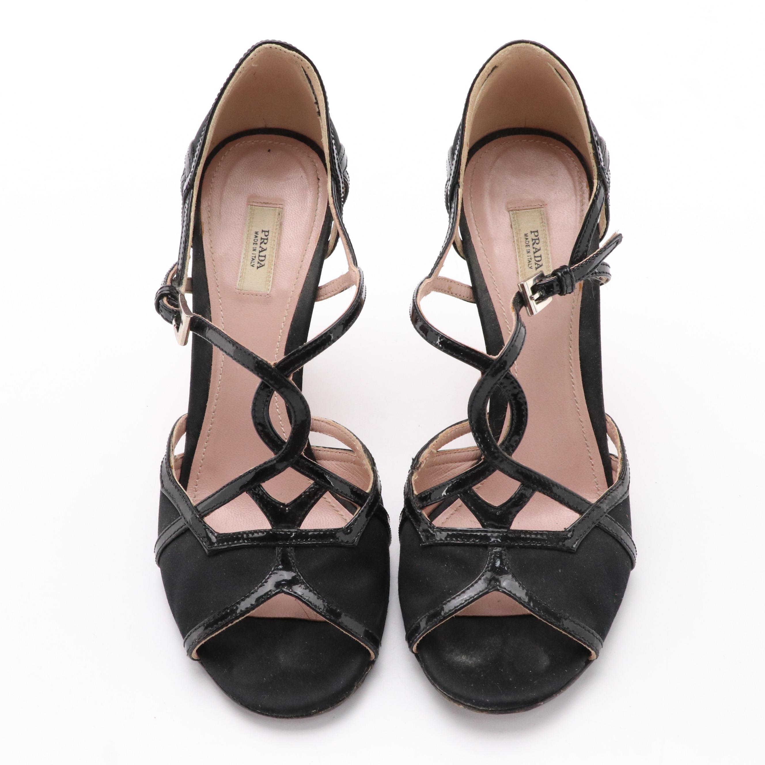 Prada Black Patent Leather and Satin Cork Wedge Sandals