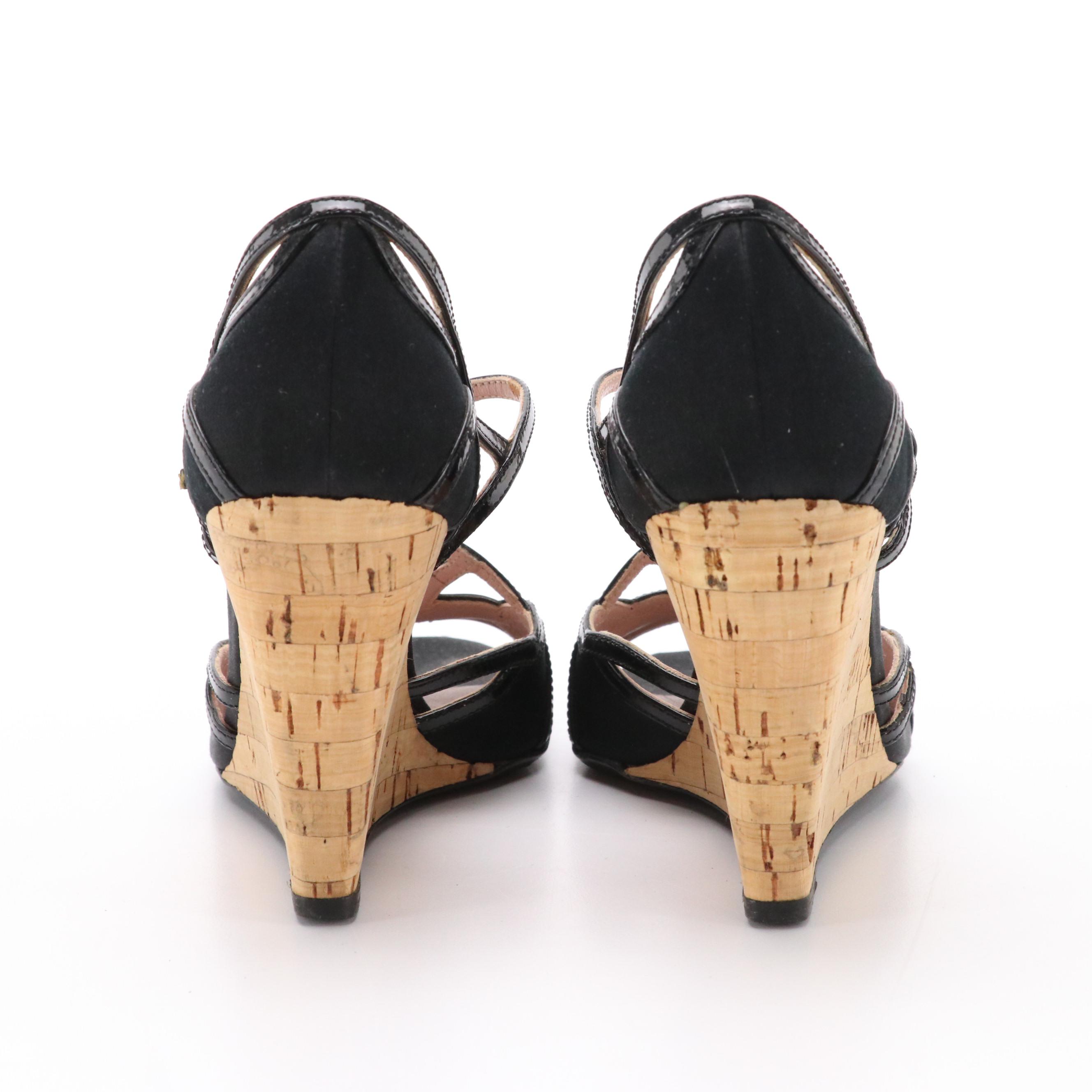 Prada Black Patent Leather and Satin Cork Wedge Sandals