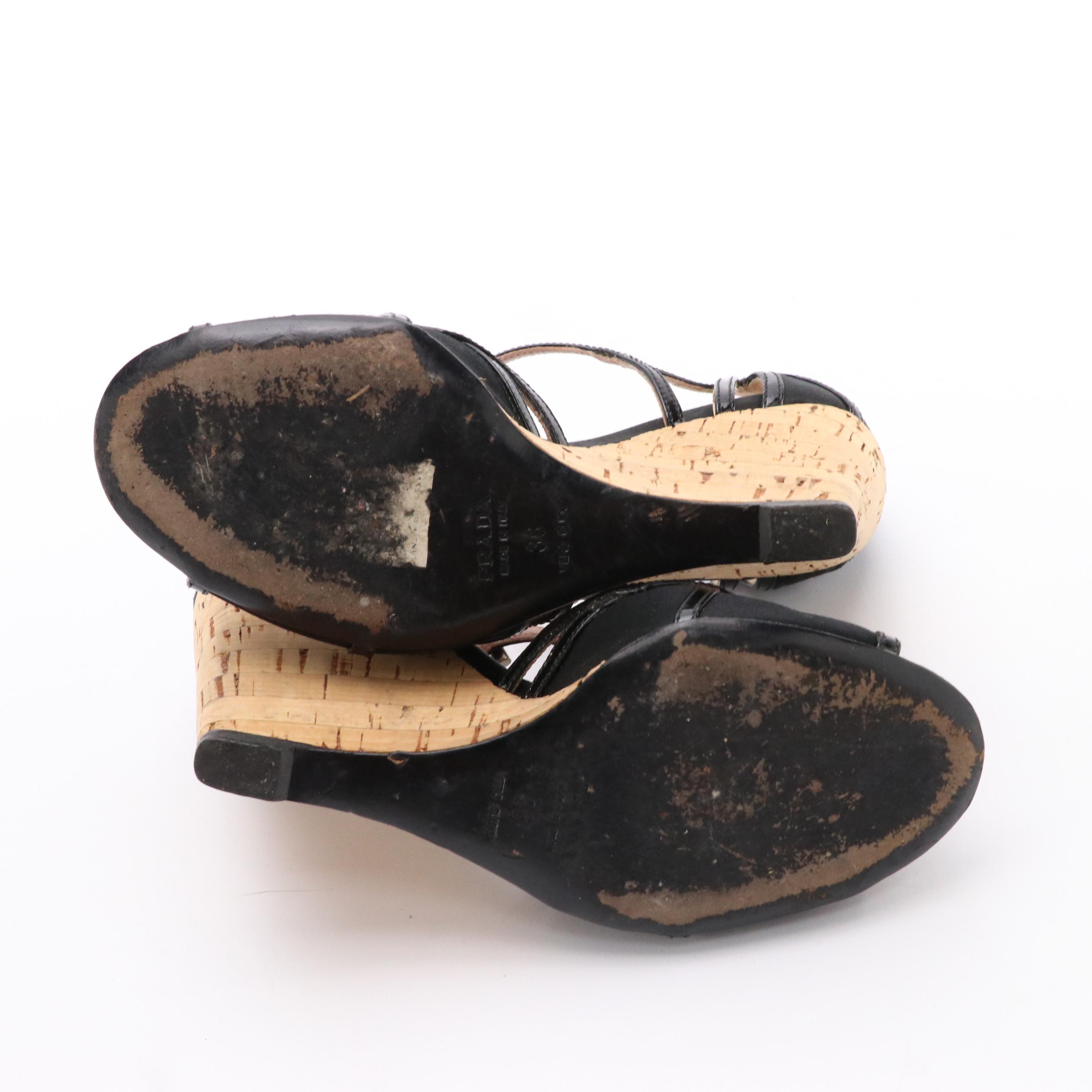 Prada Black Patent Leather and Satin Cork Wedge Sandals