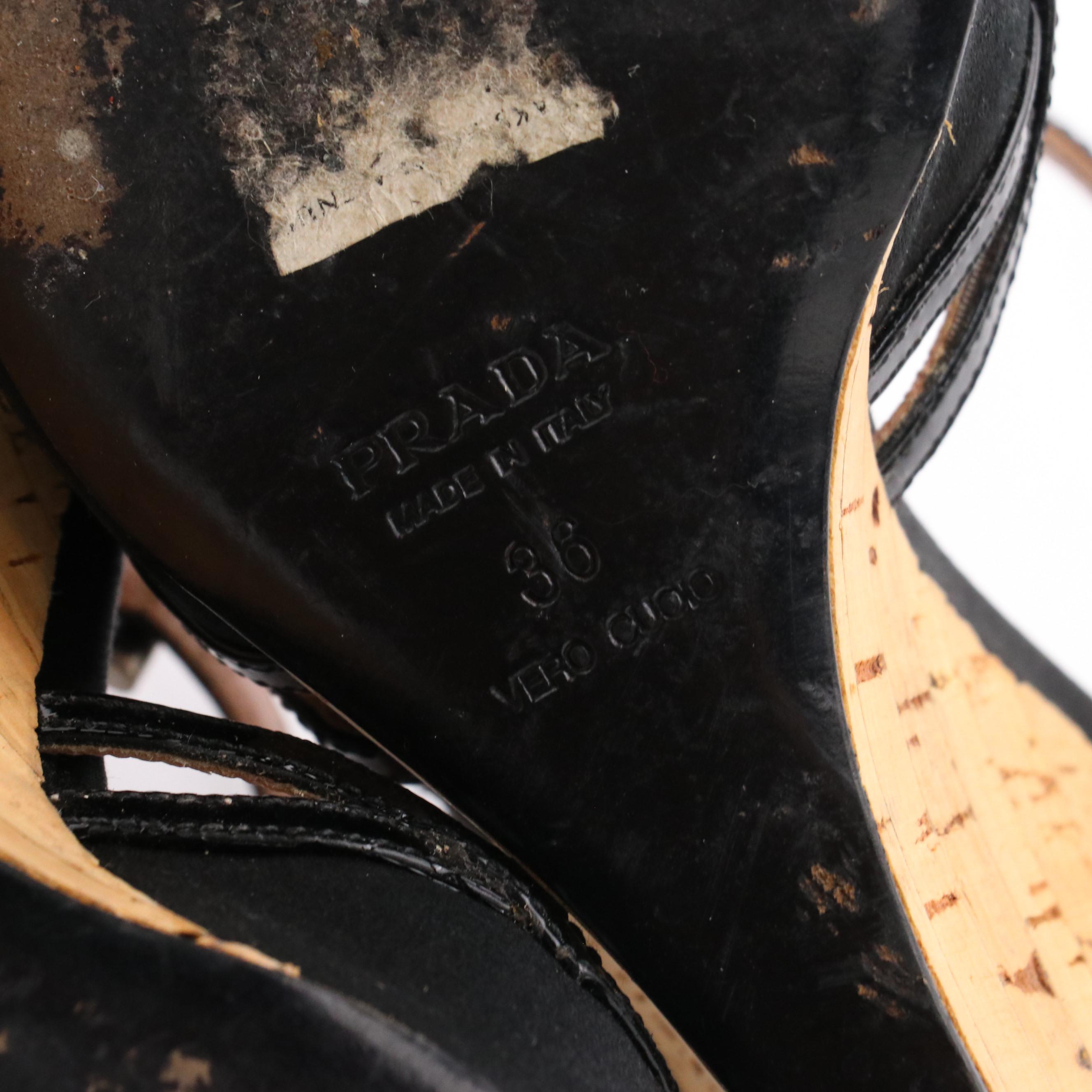 Prada Black Patent Leather and Satin Cork Wedge Sandals