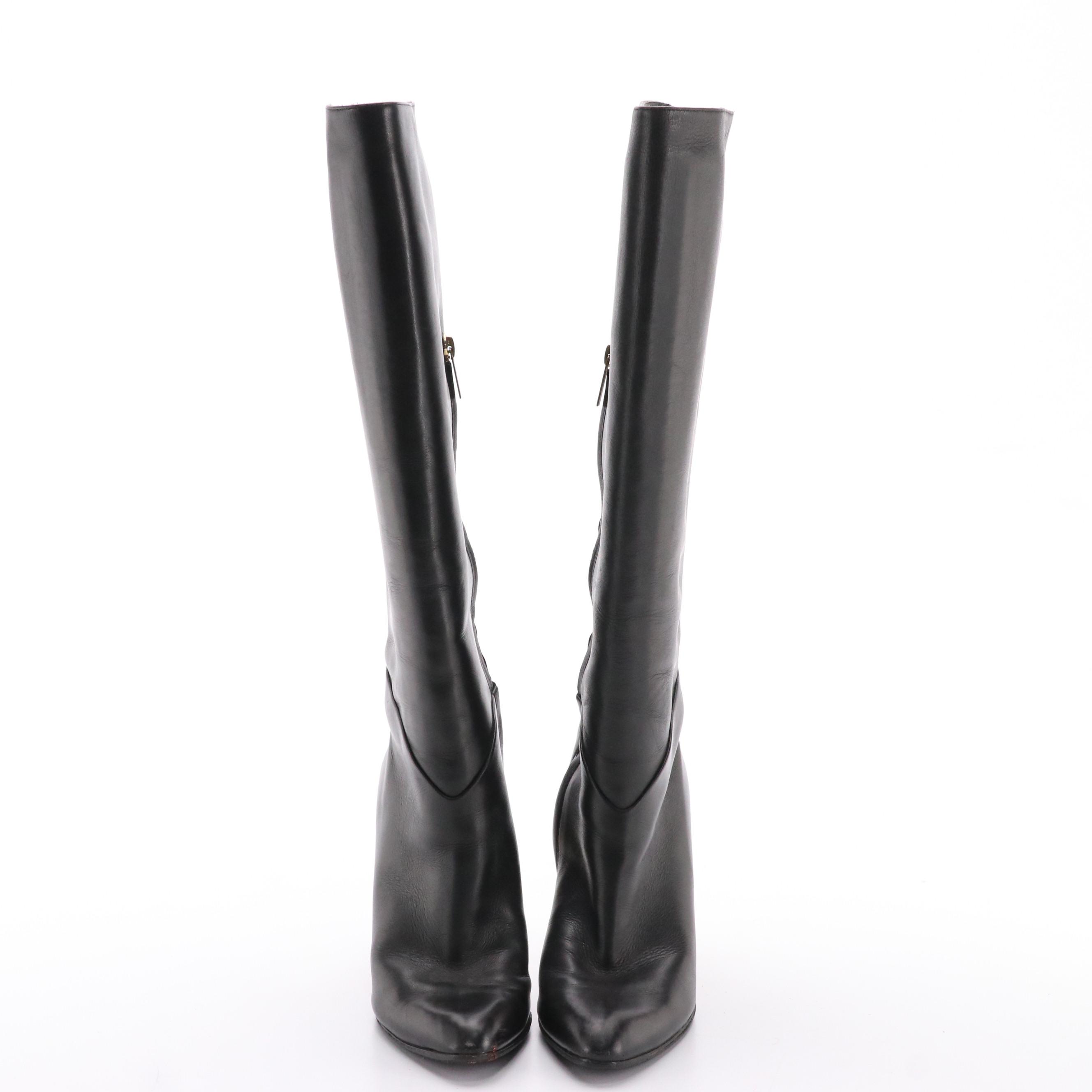 Jimmy Choo Knee High Boots in Black Leather with Gold Accent Heel