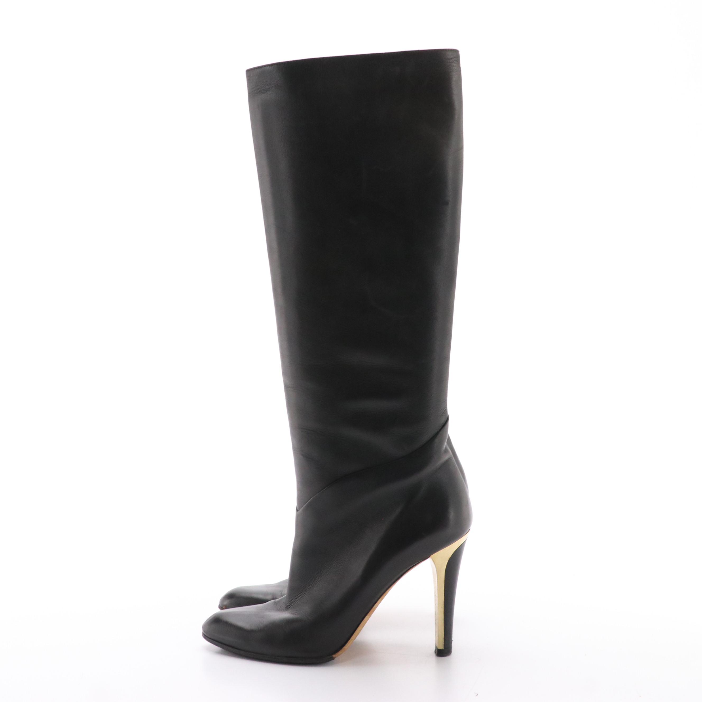 Jimmy Choo Knee High Boots in Black Leather with Gold Accent Heel