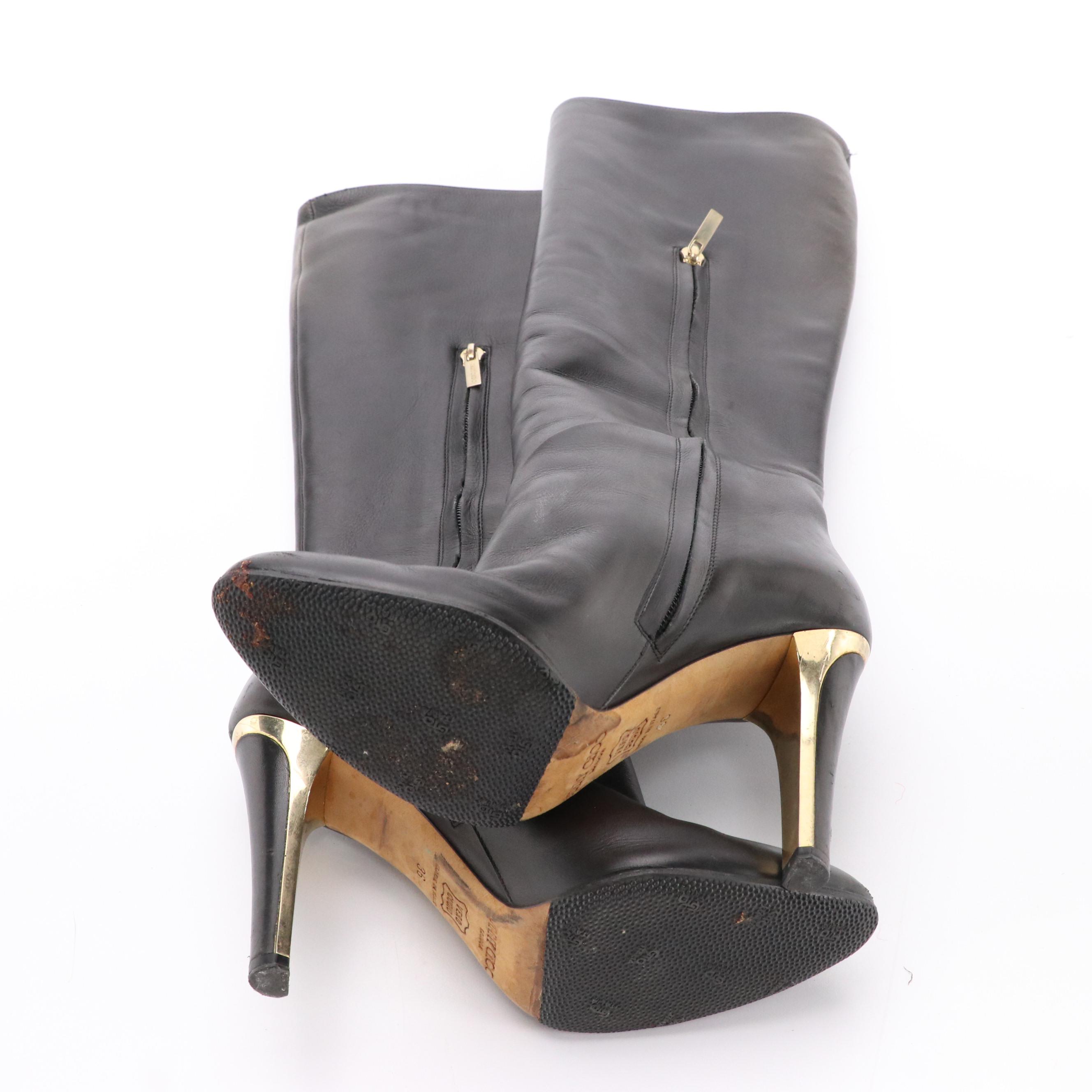Jimmy Choo Knee High Boots in Black Leather with Gold Accent Heel