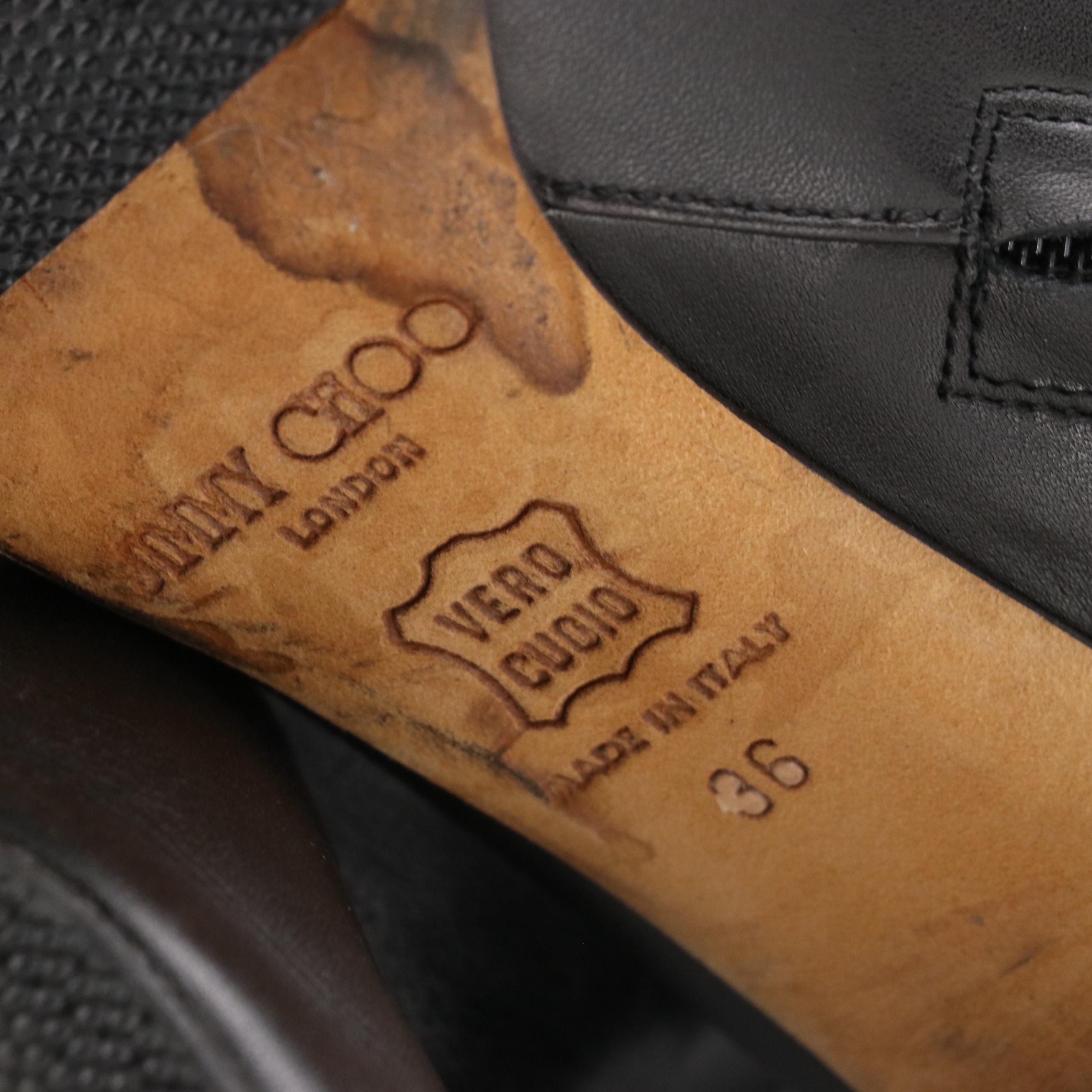 Jimmy Choo Knee High Boots in Black Leather with Gold Accent Heel