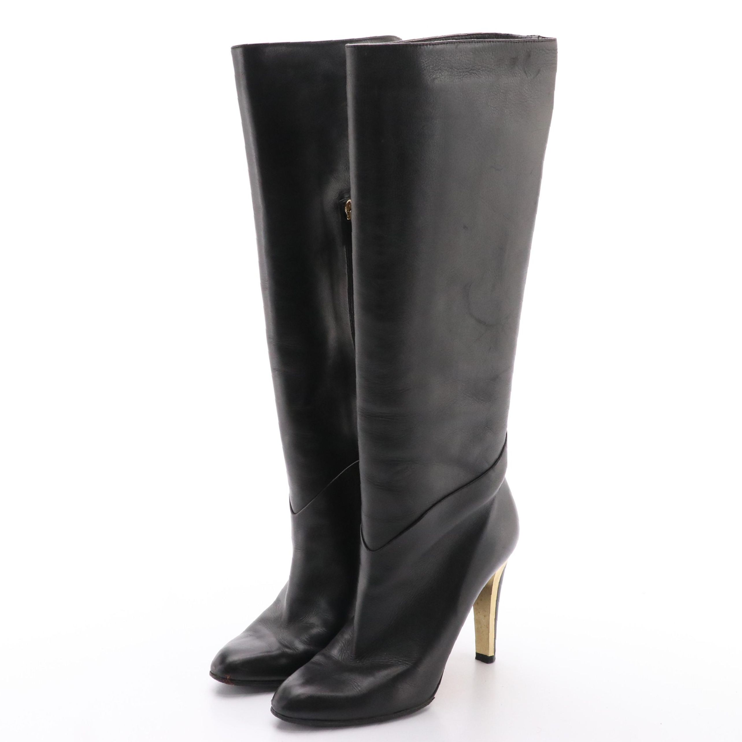 Jimmy Choo Knee High Boots in Black Leather with Gold Accent Heel
