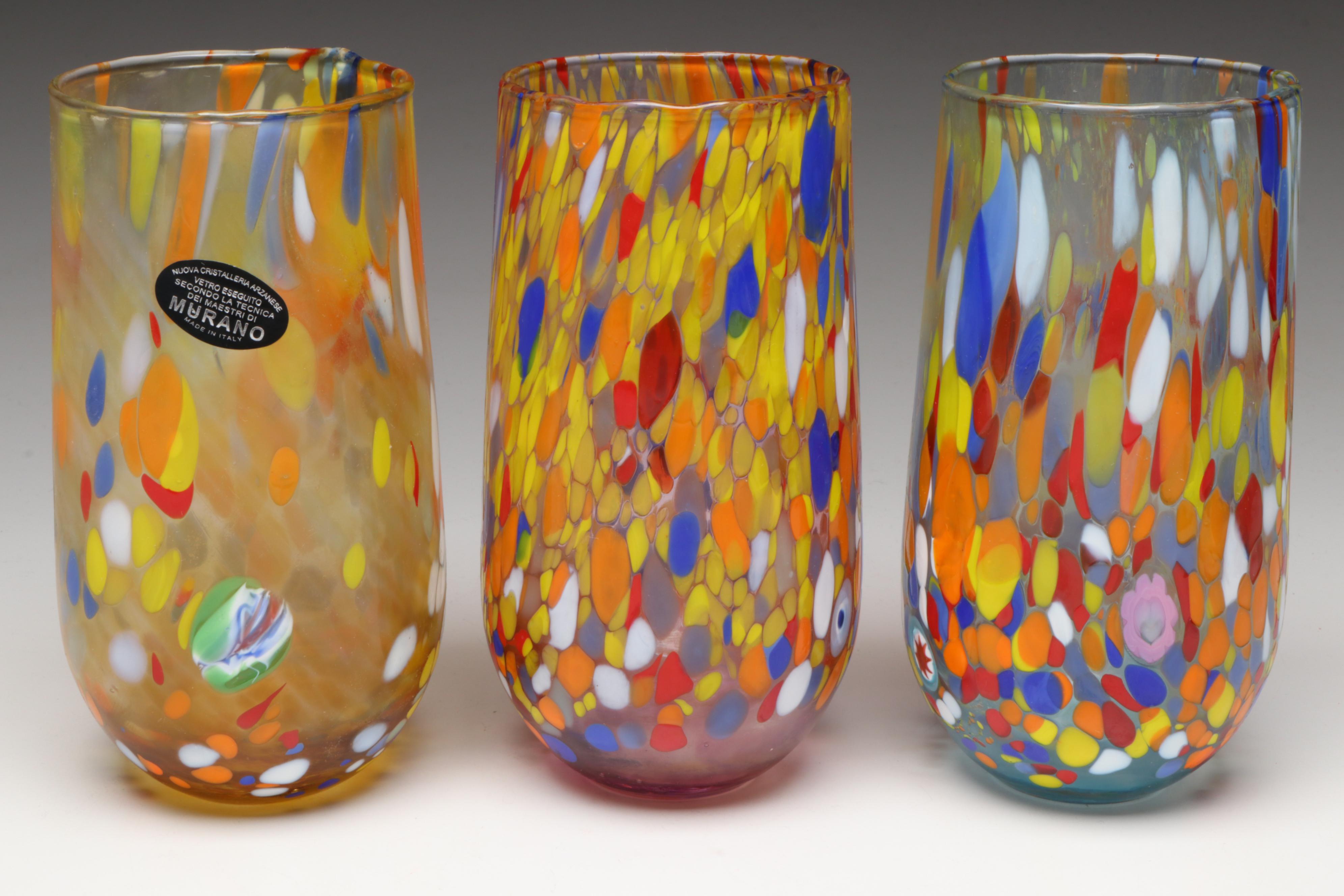 Nuova Cristalleria Arzanese Multicolor Murano Art Glass Highball Glasses