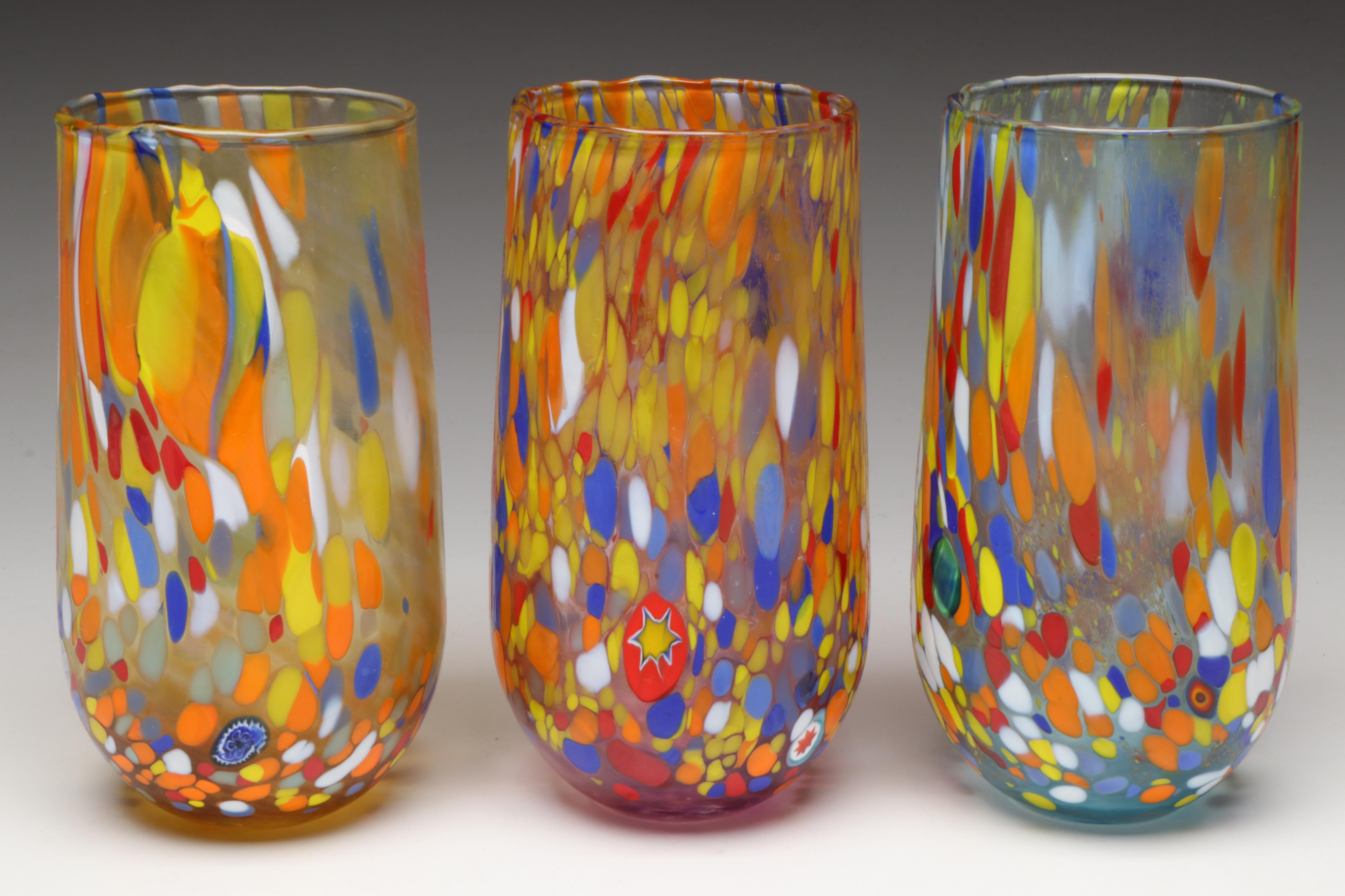 Nuova Cristalleria Arzanese Multicolor Murano Art Glass Highball Glasses