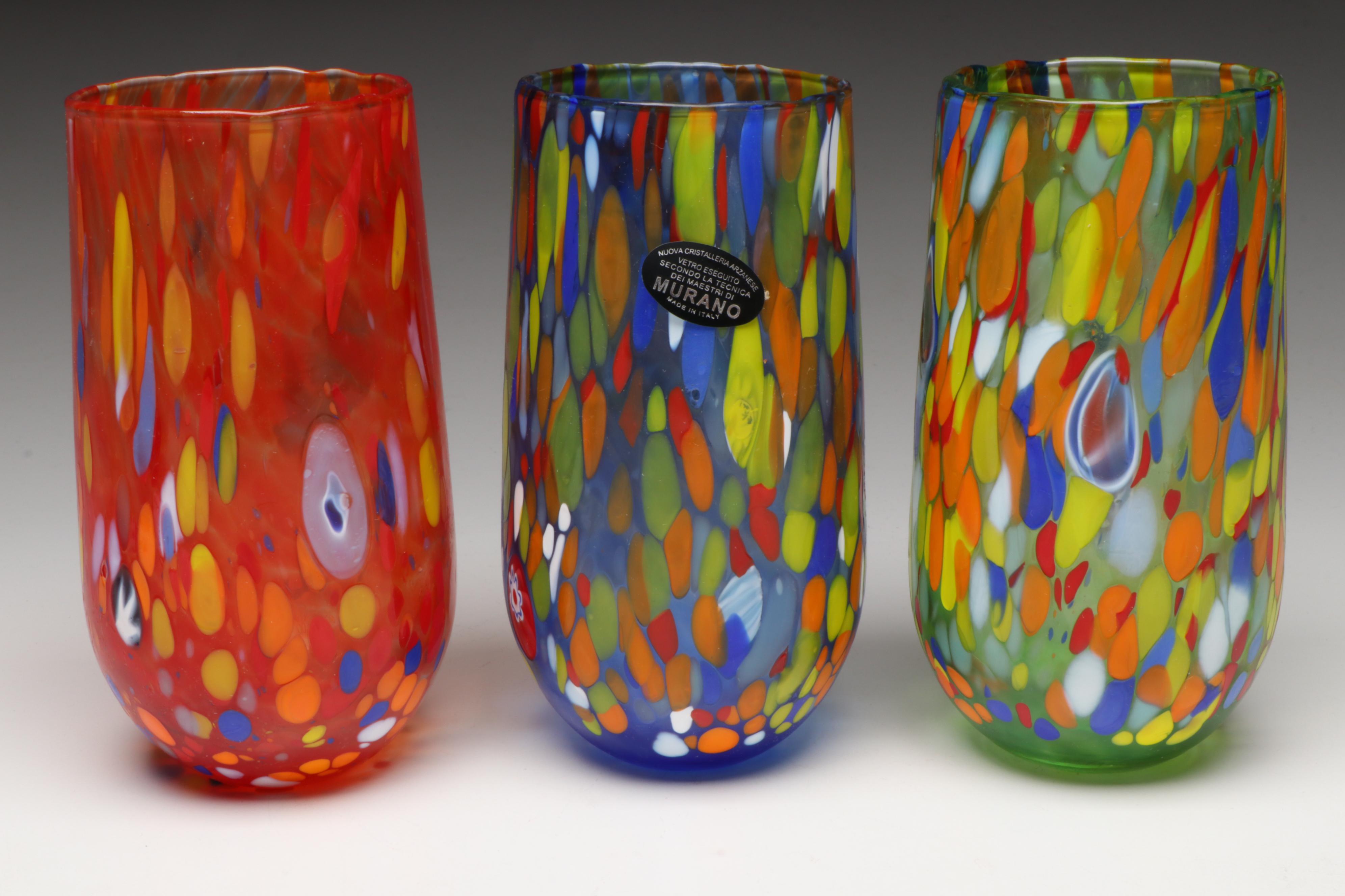Nuova Cristalleria Arzanese Multicolor Murano Art Glass Highball Glasses