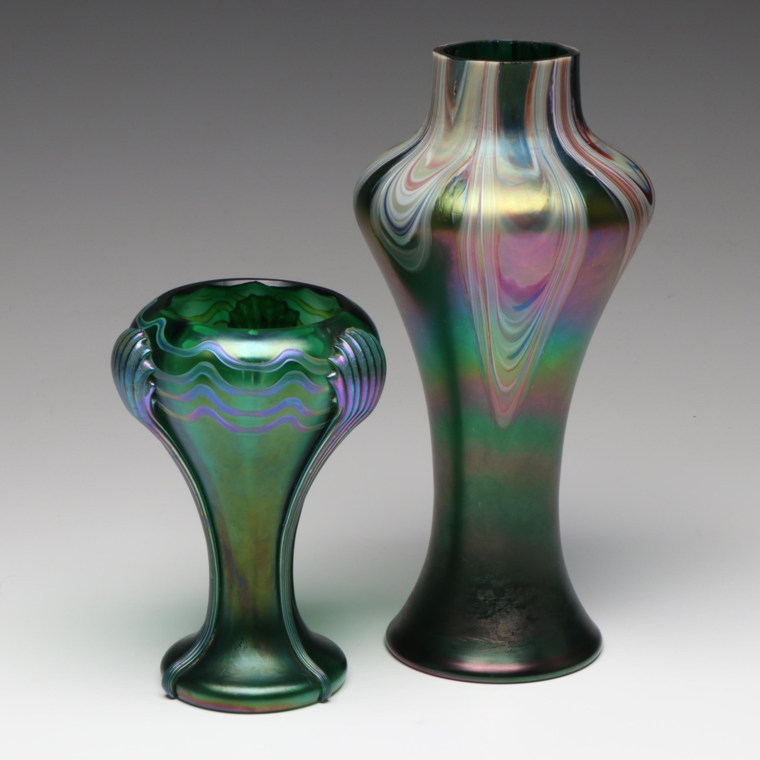 Rindskopf "Pulled Feather" and Kralik "Claw" Iridescent Art Glass Vases