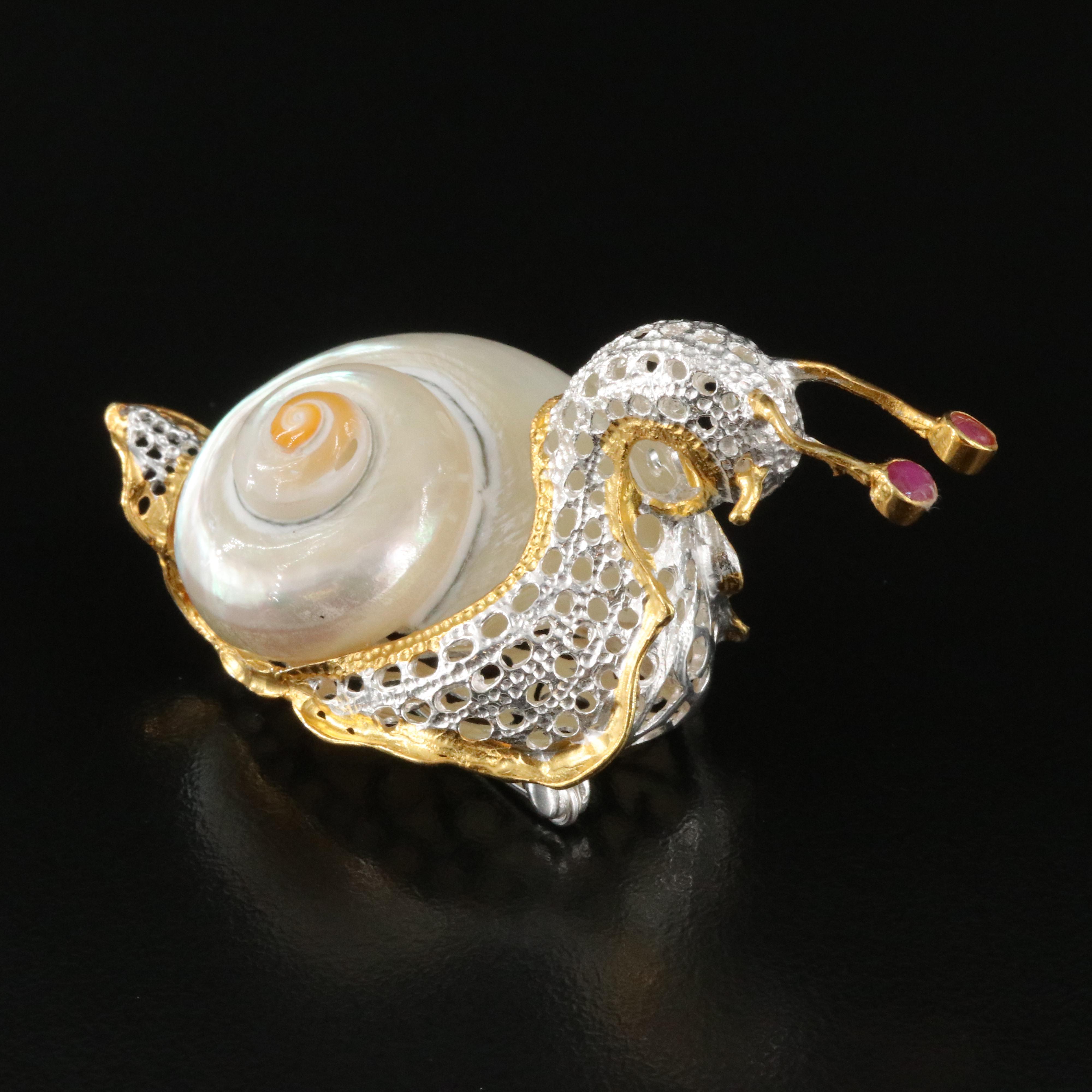 Sterling Shell and Ruby Snail Brooch