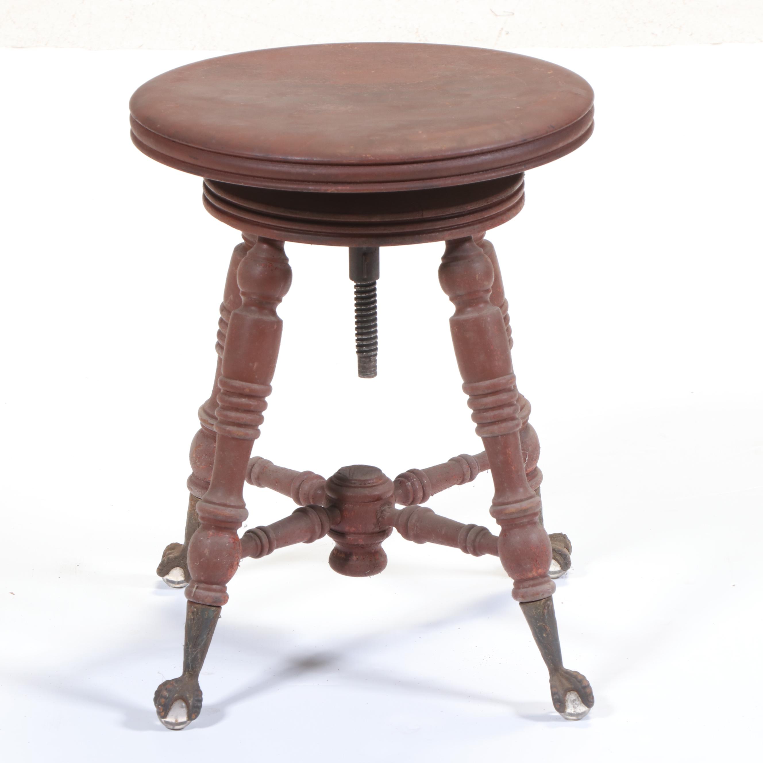 Victorian Painted Wood Adjustable Piano Stool with Ball and Claw Feet