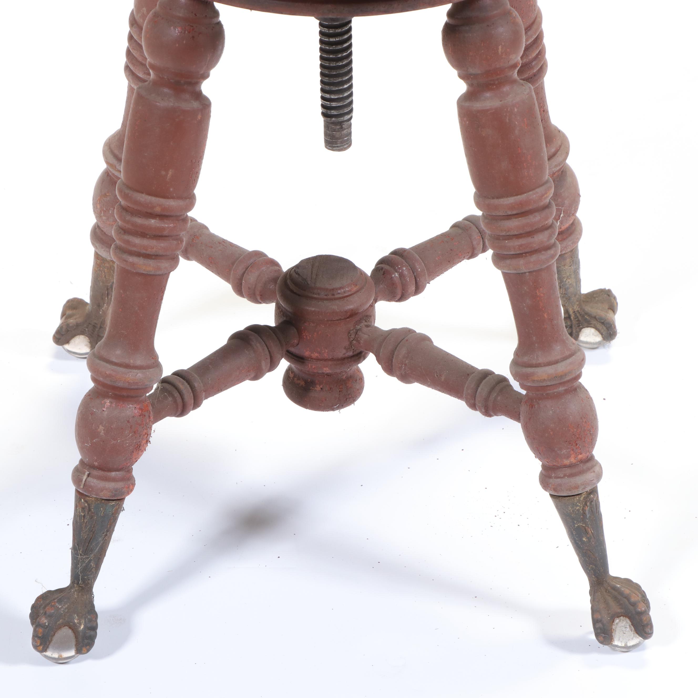 Victorian Painted Wood Adjustable Piano Stool with Ball and Claw Feet