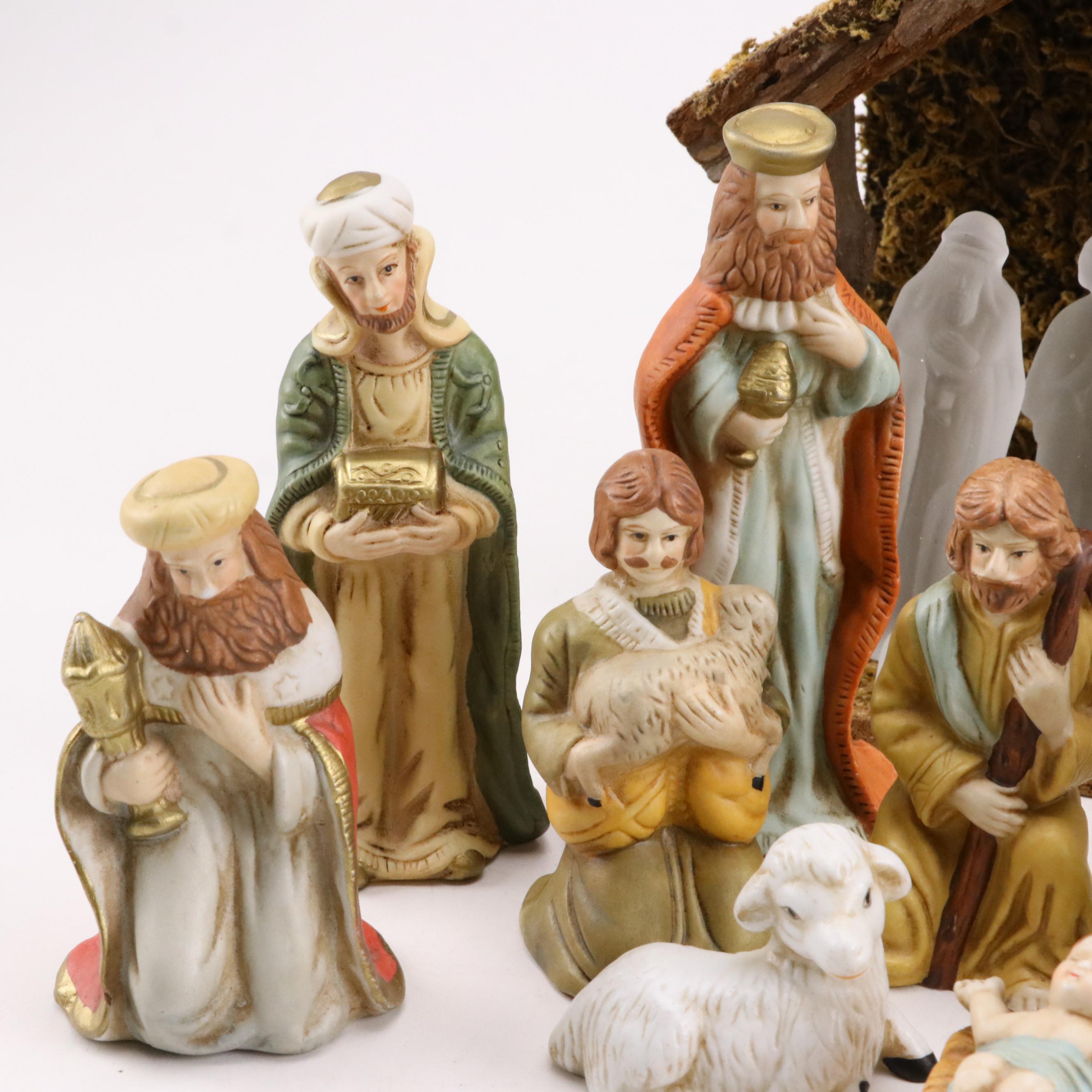 Frosted Glass and Porcelain Nativity Sets with Creche