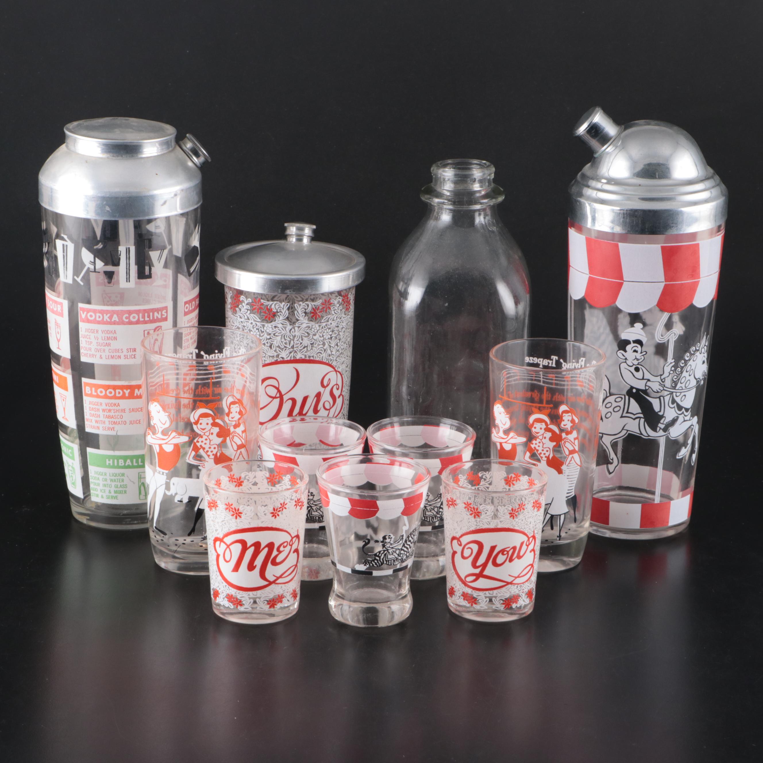 Hazel-Atlas Yours, Mine and Ours with Other Novelty Cocktail Shakers and Barware